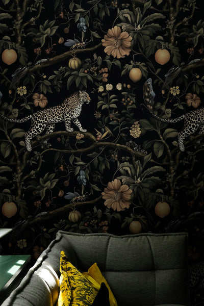Dark Jungle Leopard Botanical Wallpaper - 2