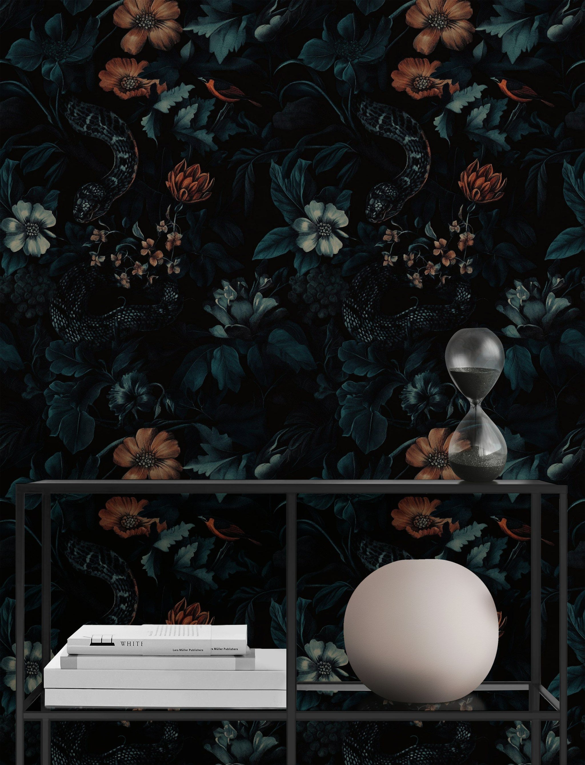 Dark Verdant Wildlife and Vintage Floral Wallpaper