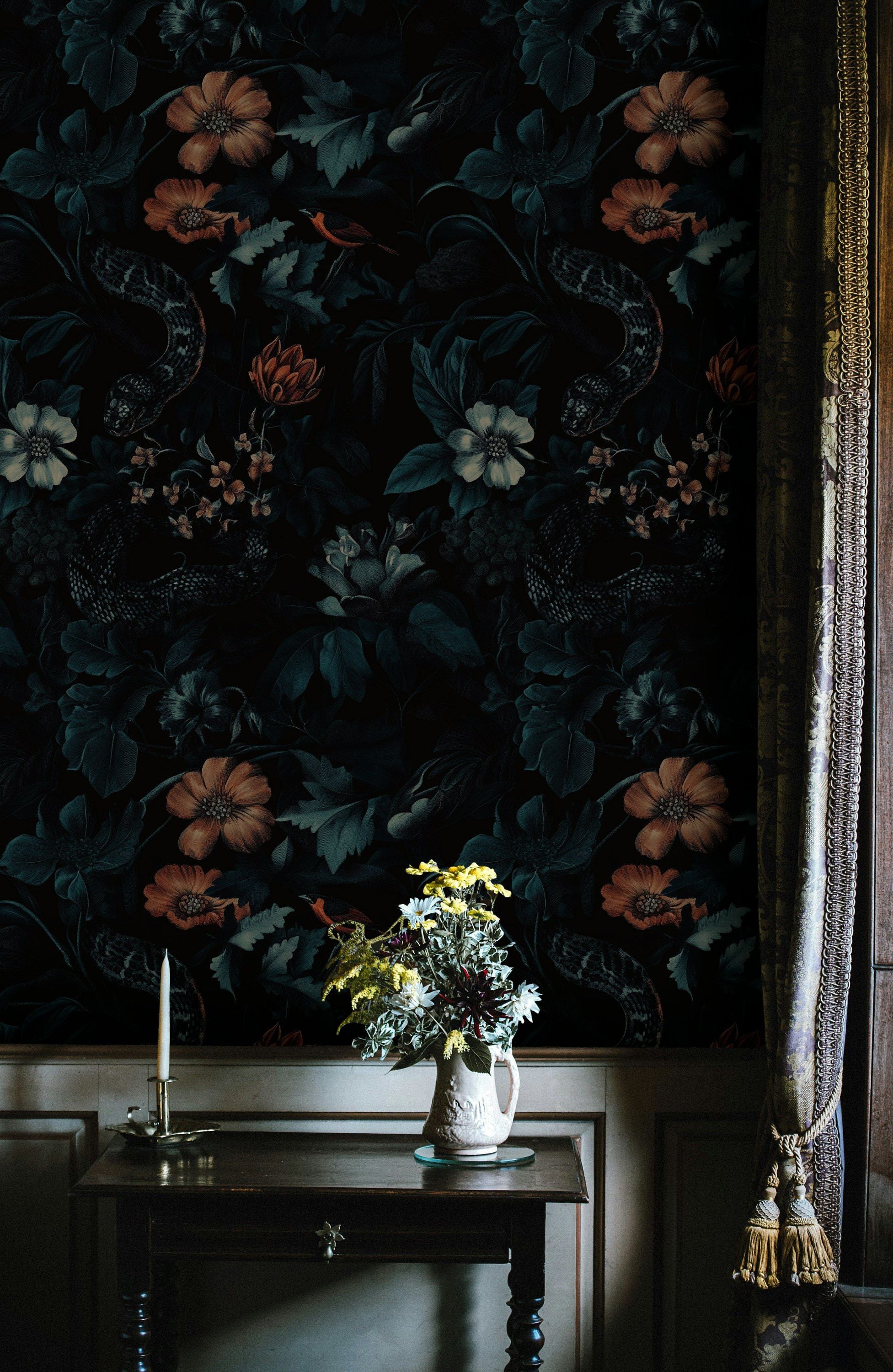 Dark Verdant Wildlife and Vintage Floral Wallpaper