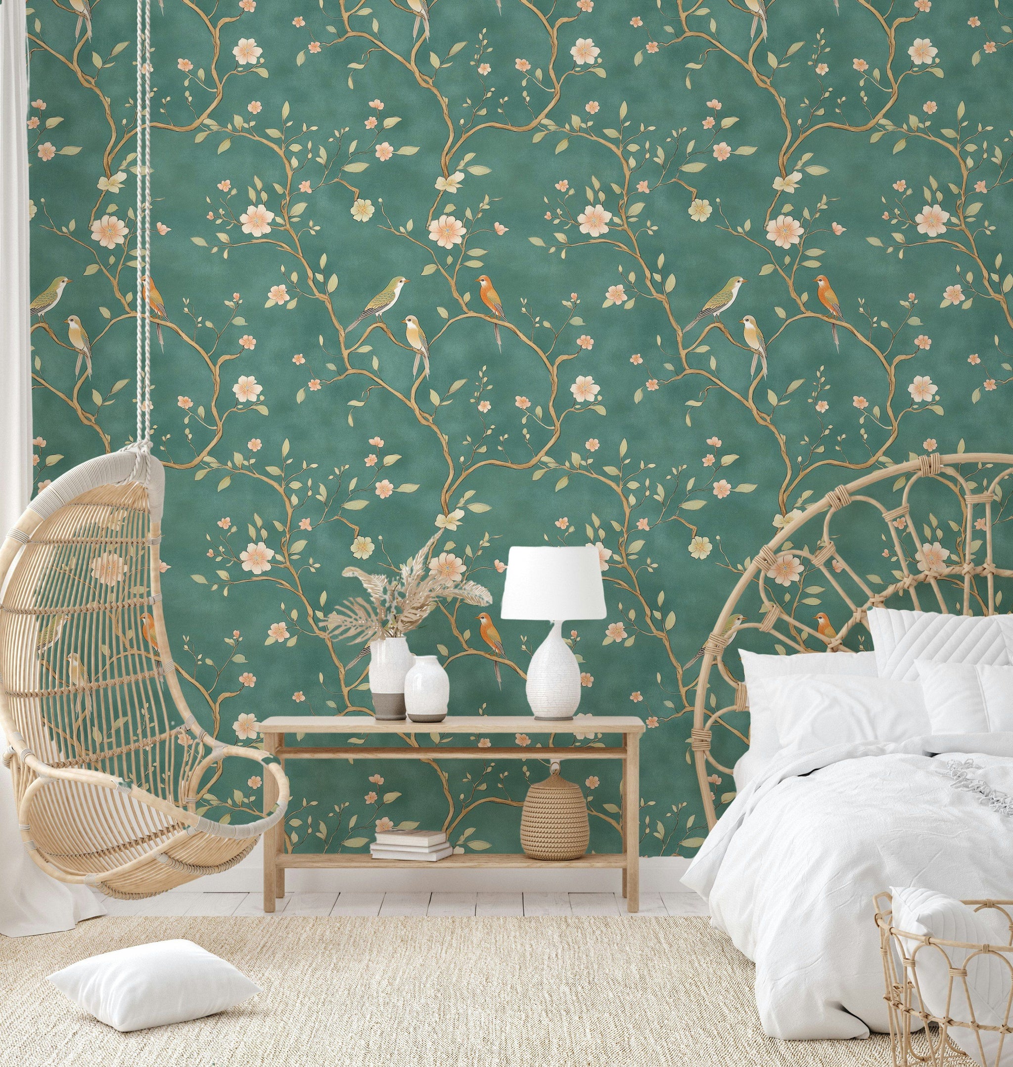 Emerald Green Cherry Blossom And Bird Pattern Wallpaper