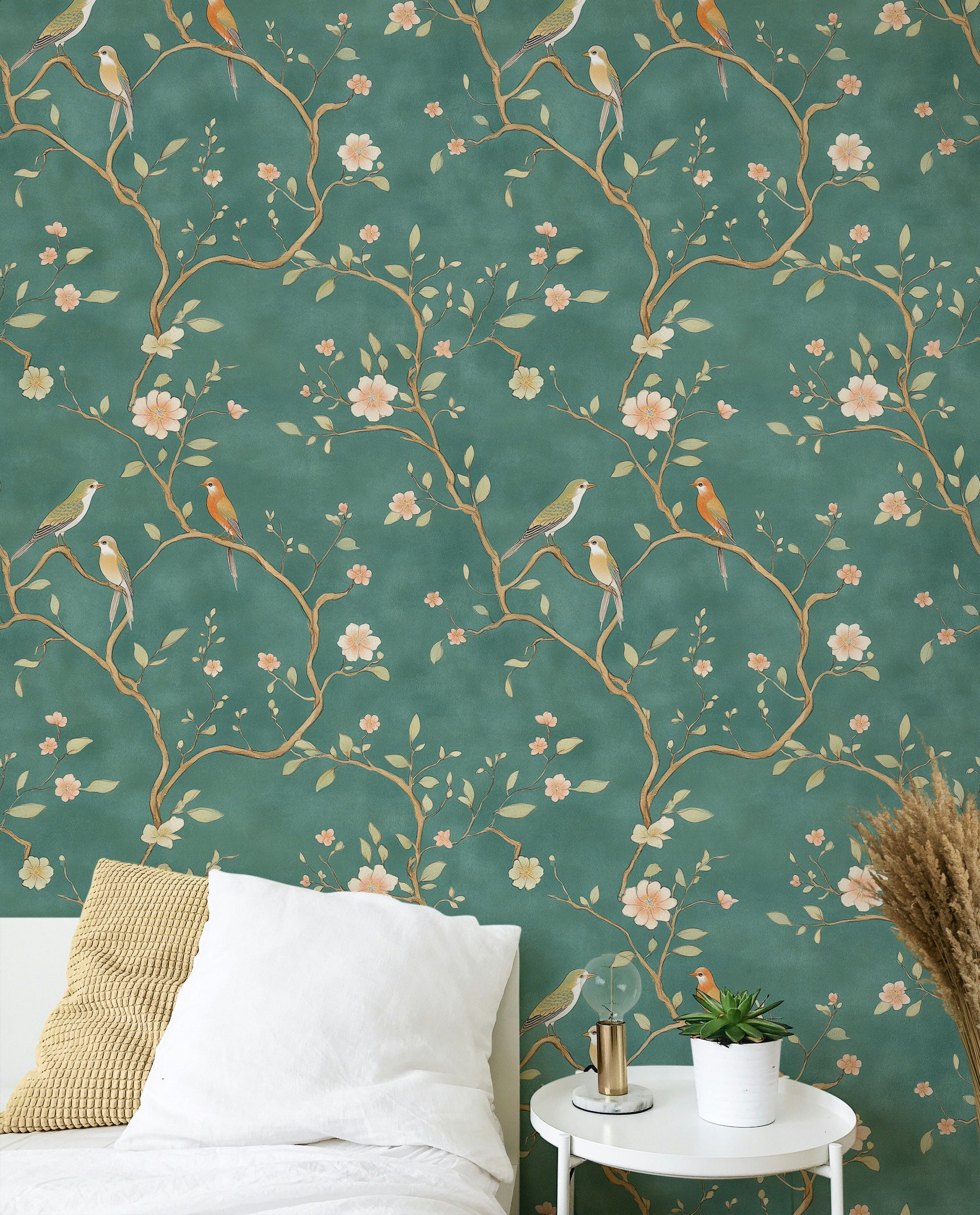 Emerald Green Cherry Blossom And Bird Pattern Wallpaper