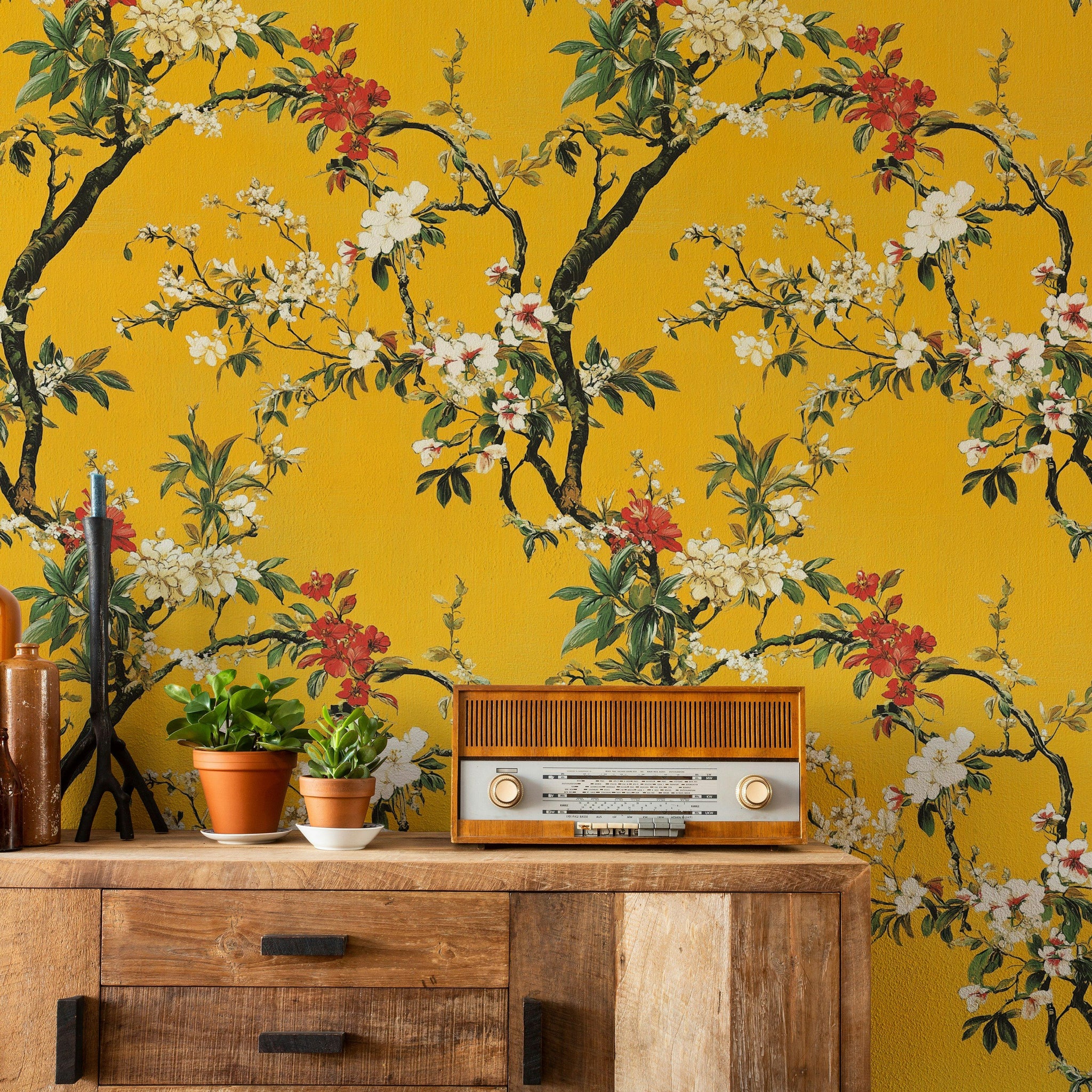 Golden Look Yellow Cherry Blossom Floral Wallpaper