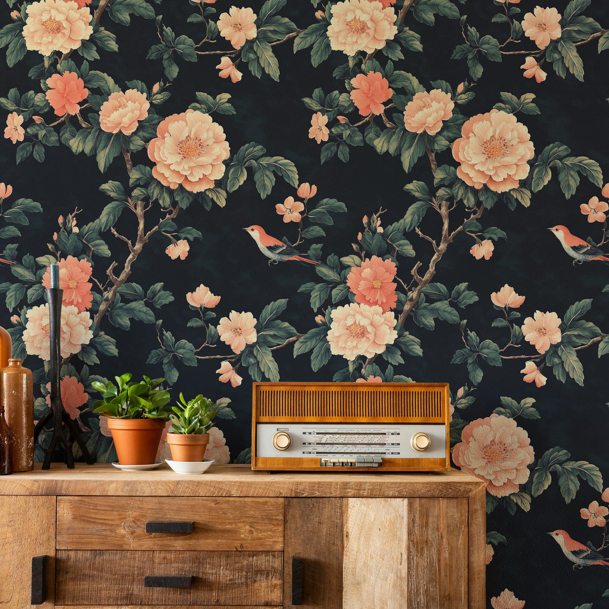 Elegant Black Vintage Peony and Bird Wallpaper