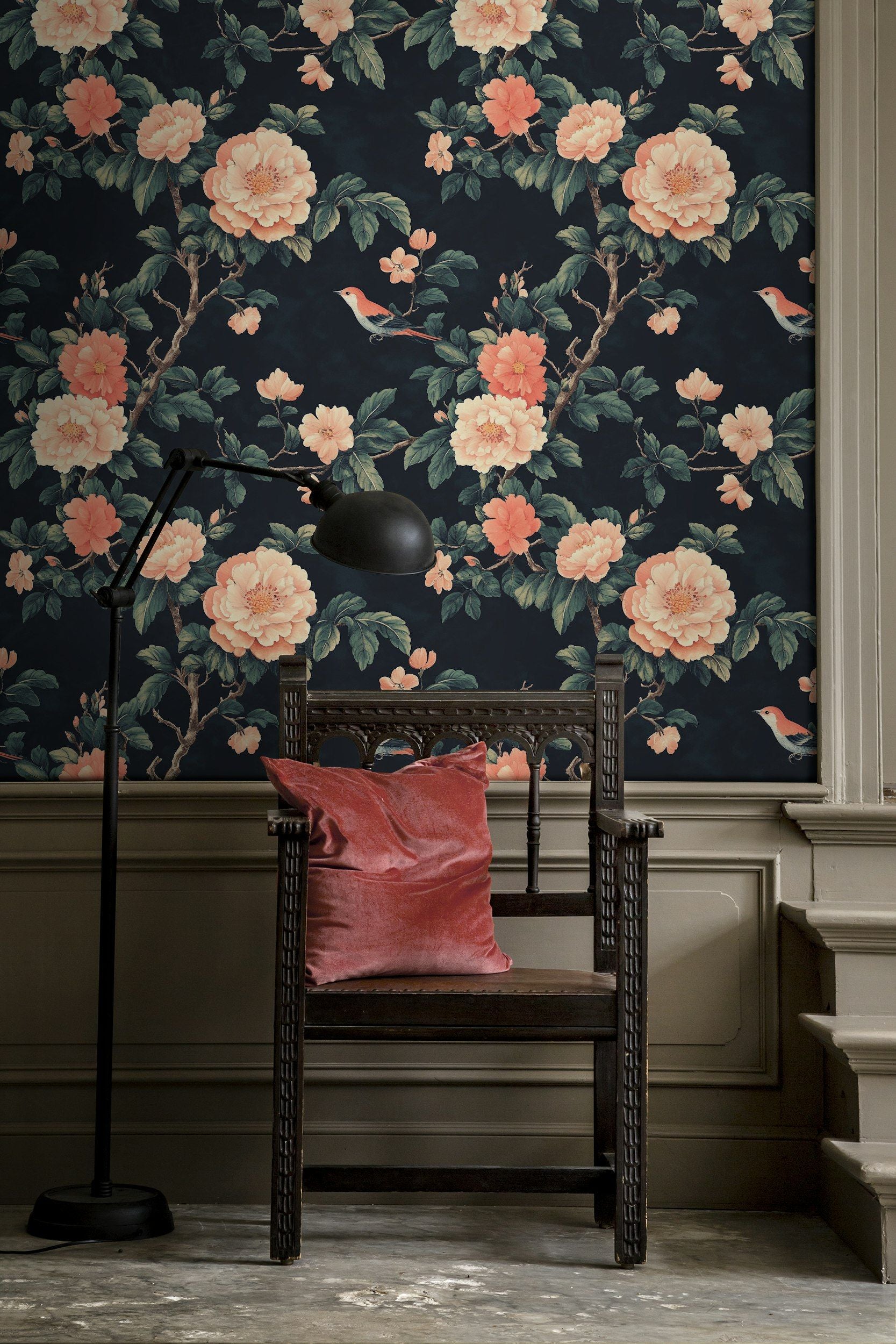 Elegant Black Vintage Peony and Bird Wallpaper