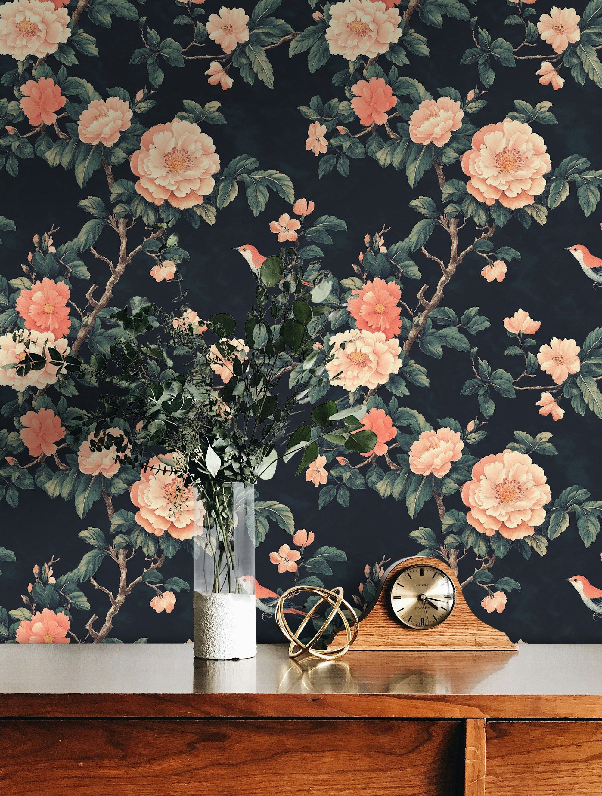 Elegant Black Vintage Peony and Bird Wallpaper
