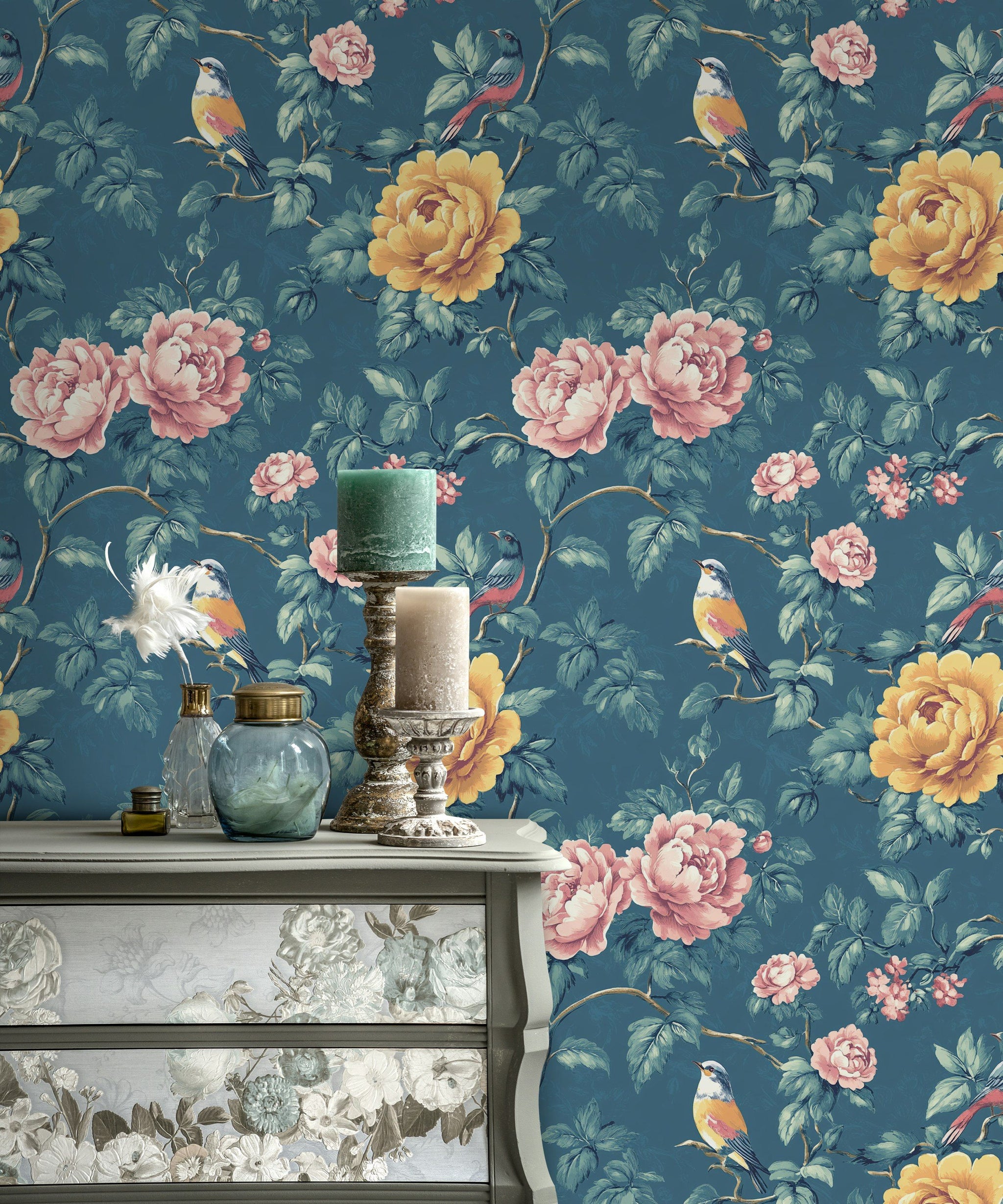 Deep Blue Botanical Birds and Roses Wallpaper