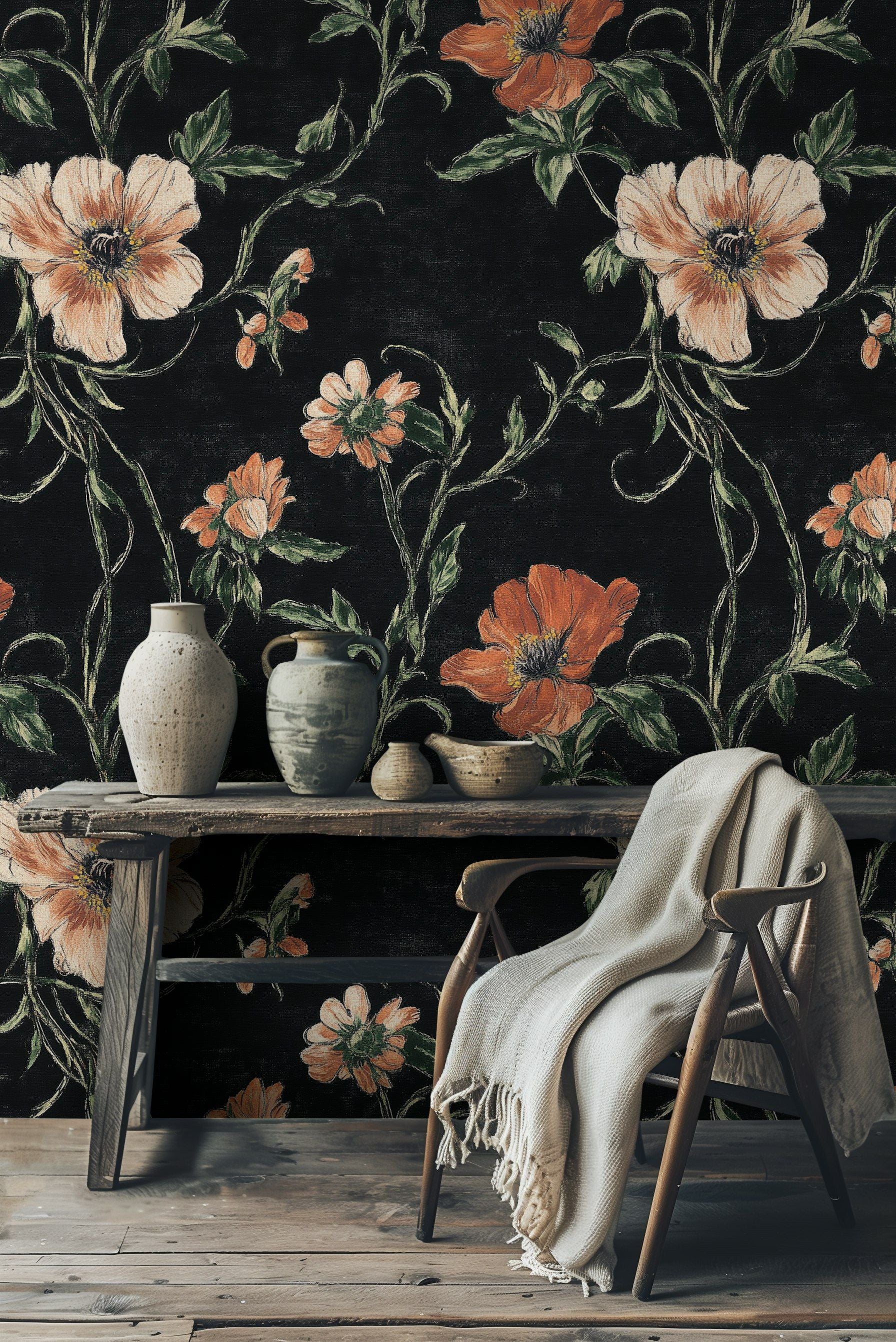 Midnight Black and Orange Large Floral Wallpaper
