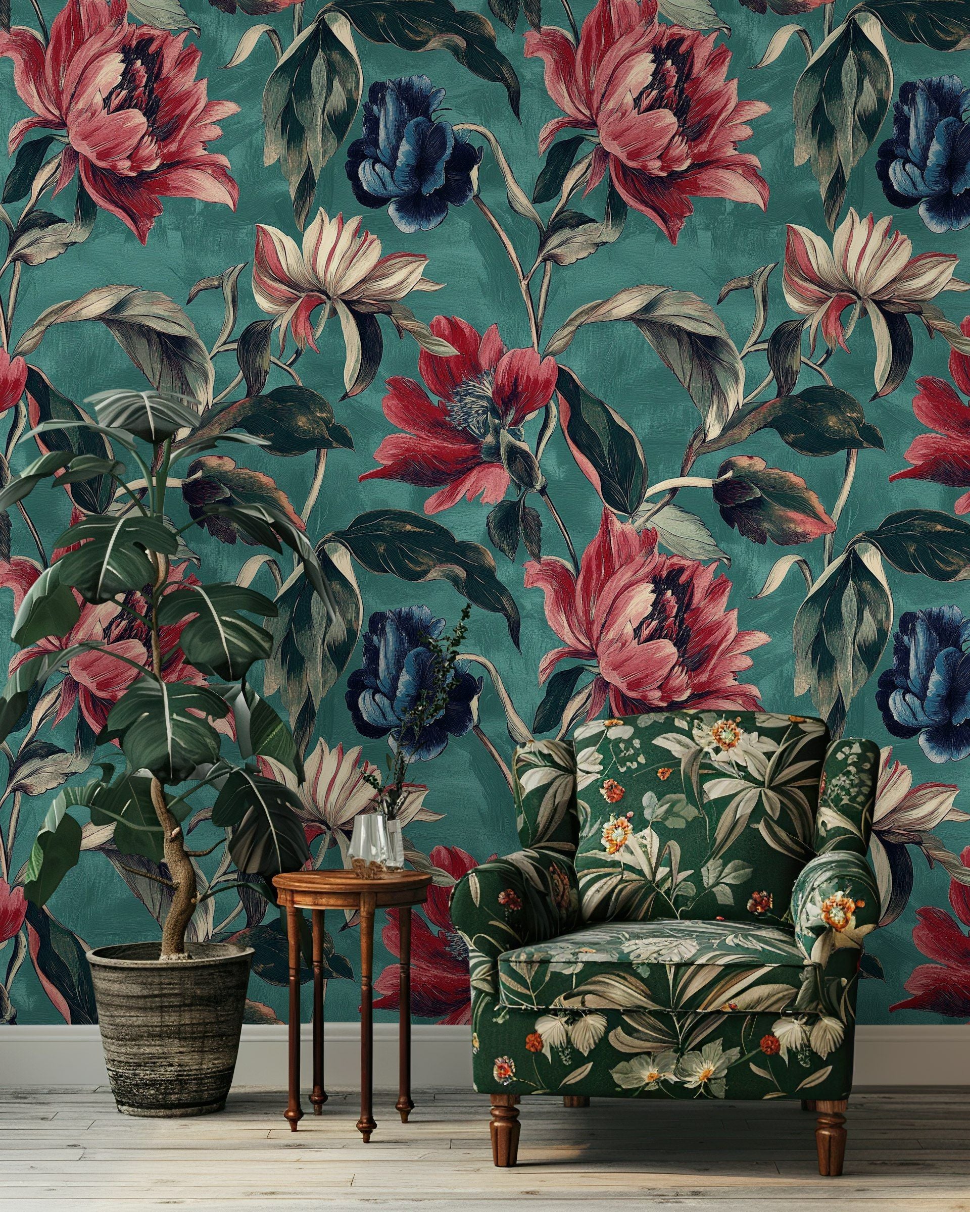 Teal and Burgundy Large Floral Wallpaper