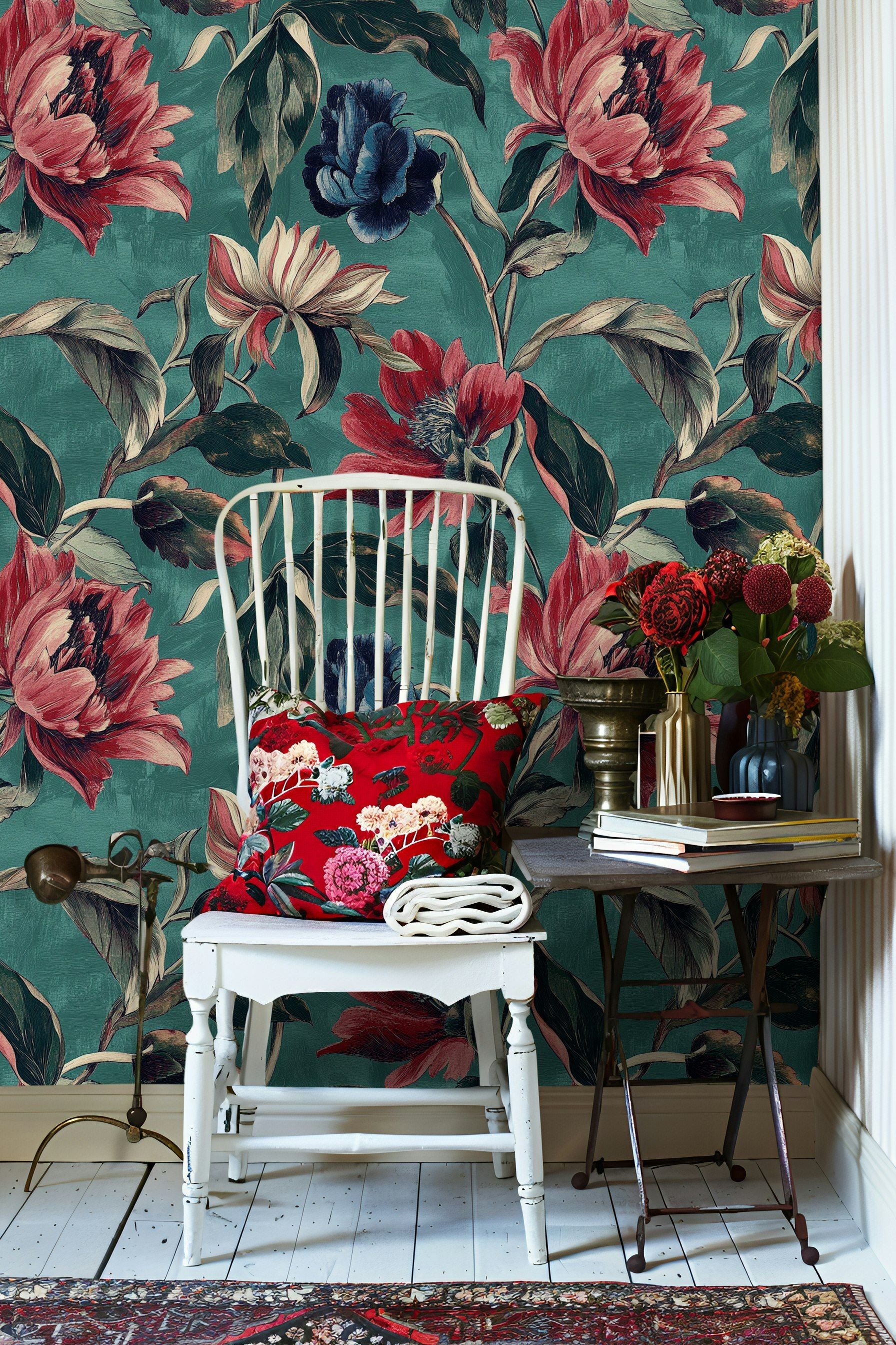 Teal and Burgundy Large Floral Wallpaper