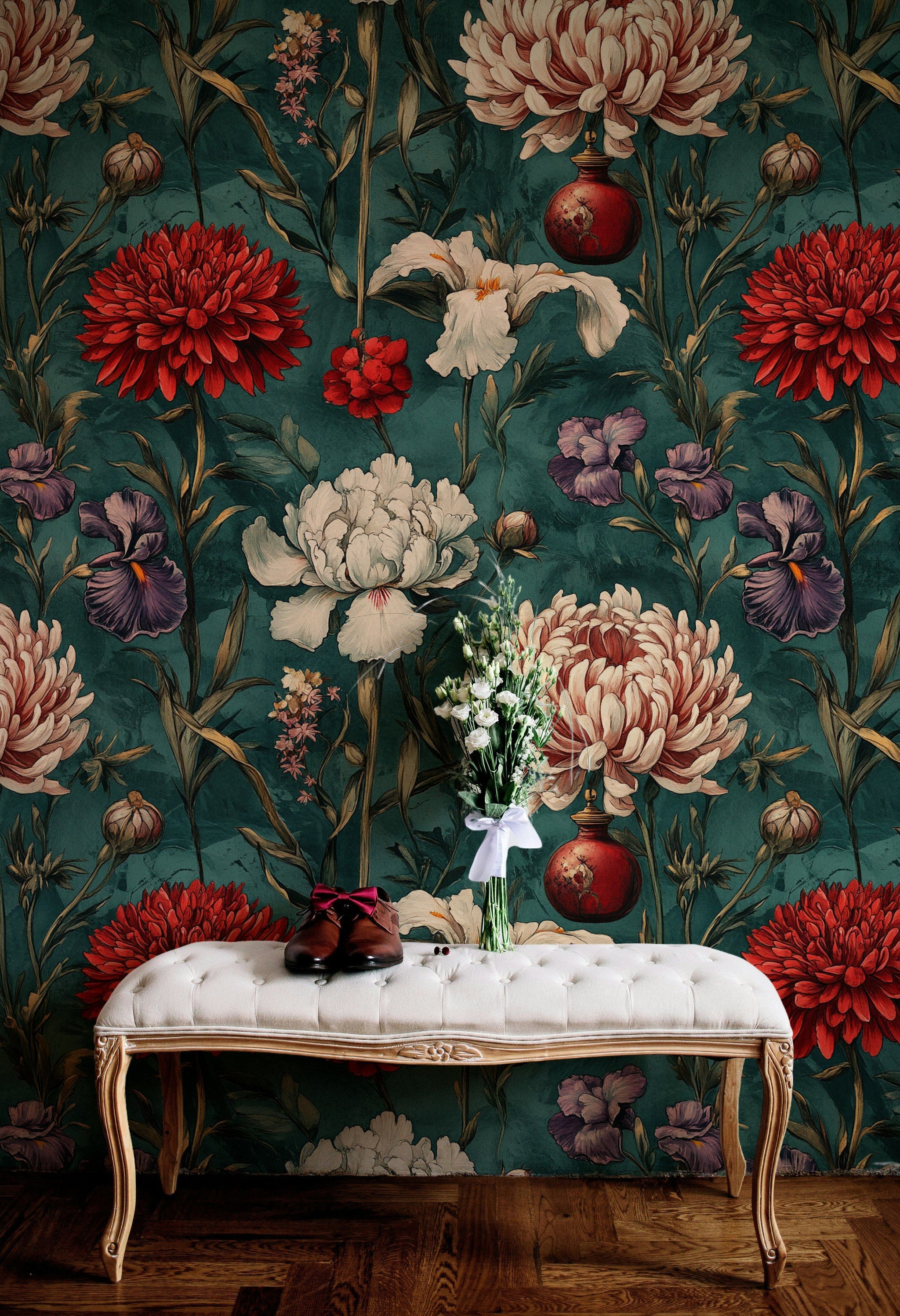 Emerald Green Vintage Floral Bloom Wallpaper