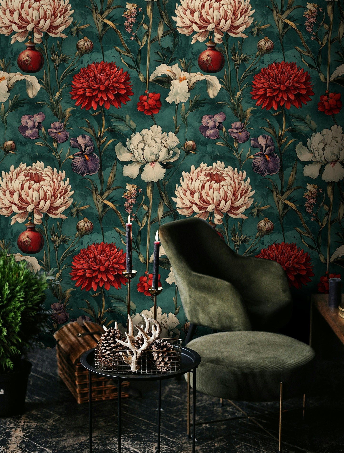 Vintage Botanical Wallpaper Red and White Floral Wall Mural