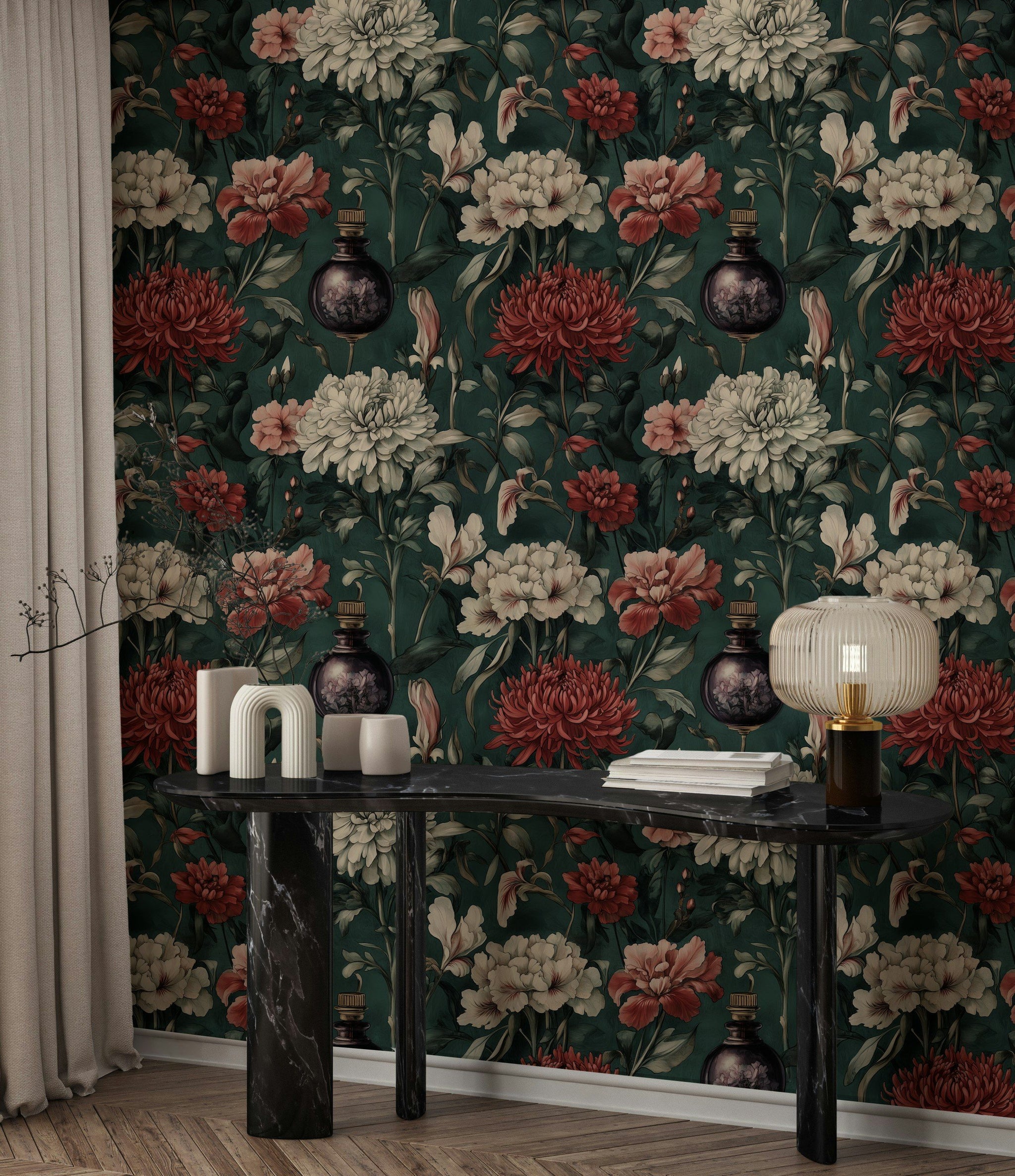 Dark Vintage Burgundy Floral Wallpaper