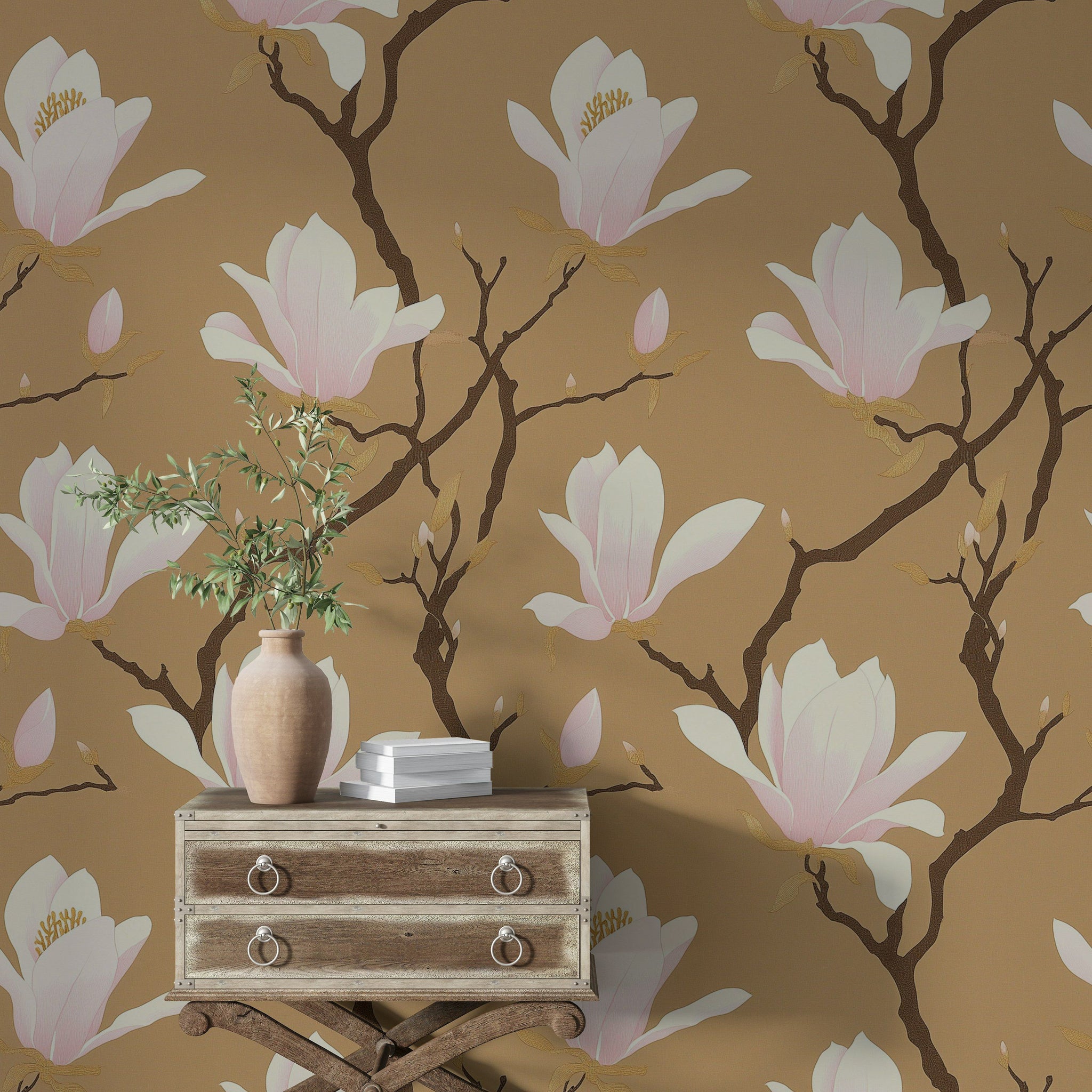 Golden Look Brown Magnolia Blossom Wallpaper