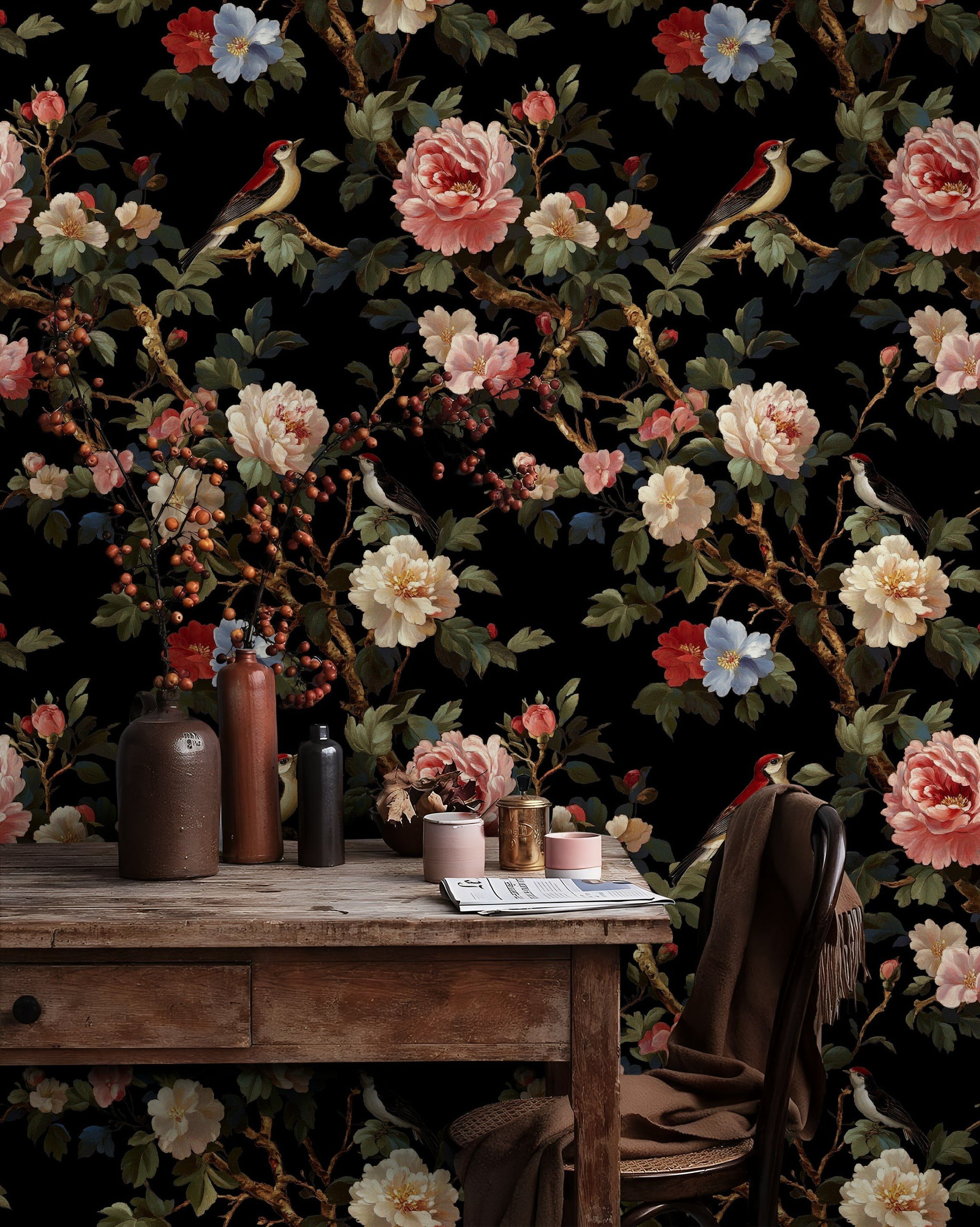 Bold Crimson Peonies and Birds on Black Wallpaper
