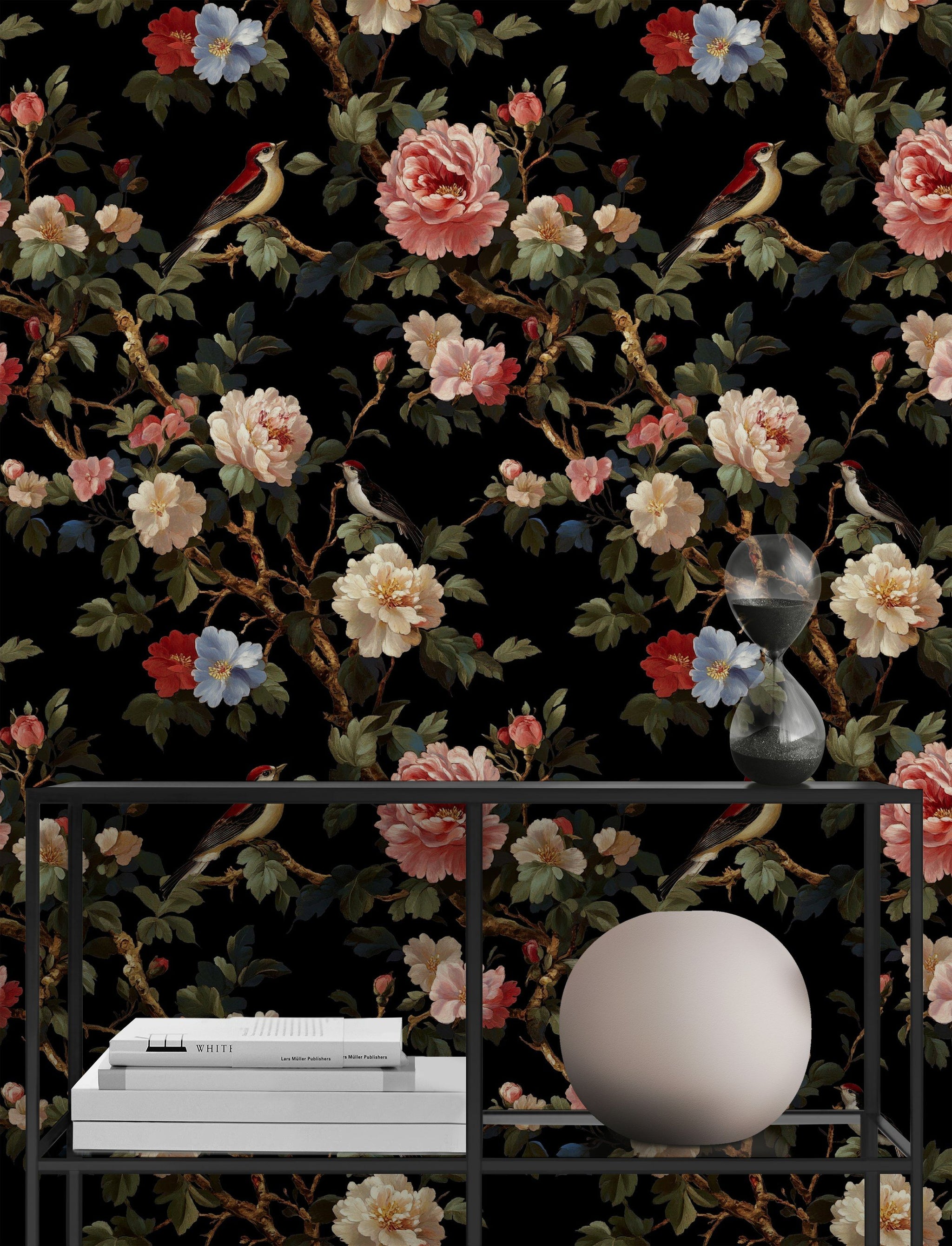 Bold Crimson Peonies and Birds on Black Wallpaper