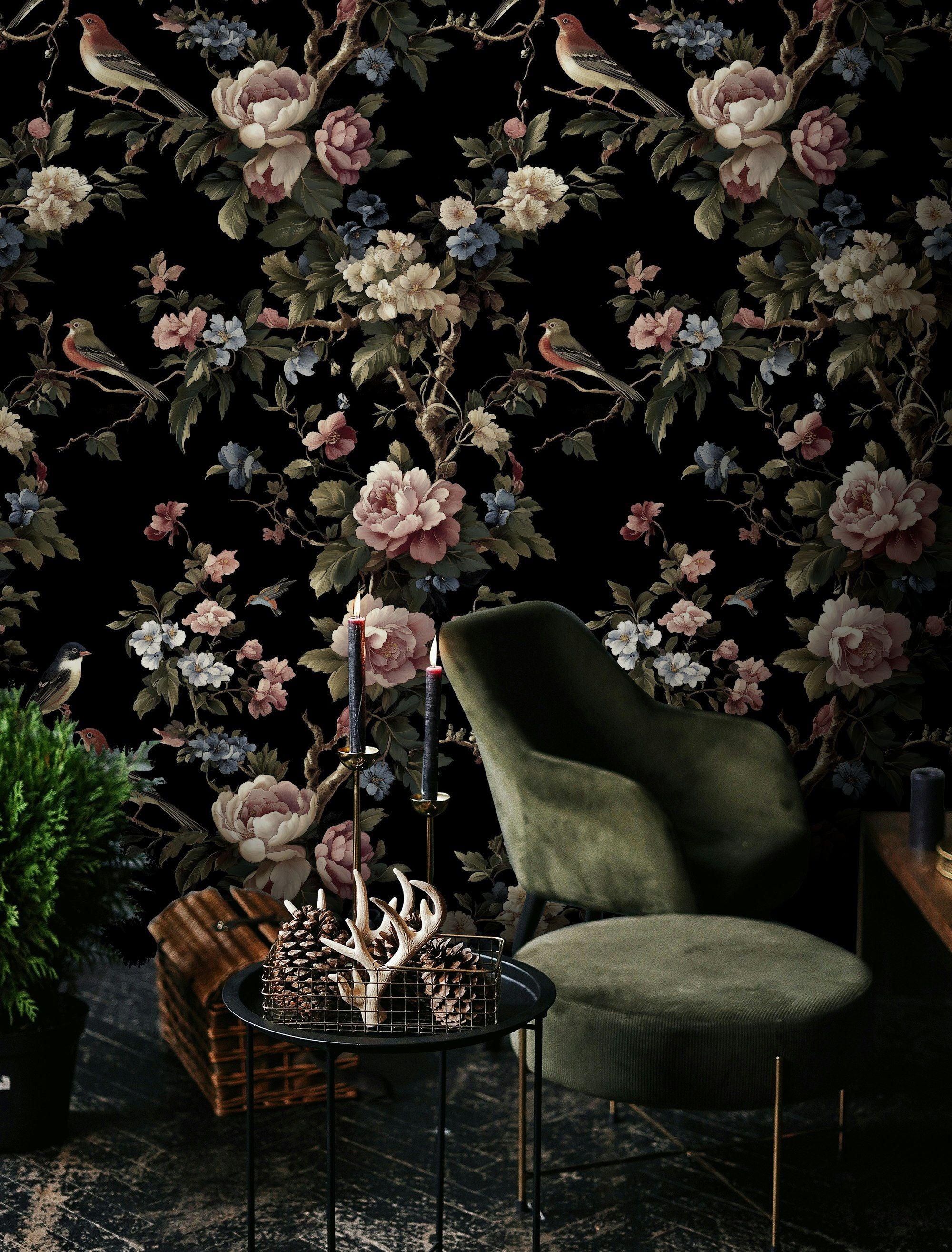 Dark Floral and Bird Motif Wallpaper