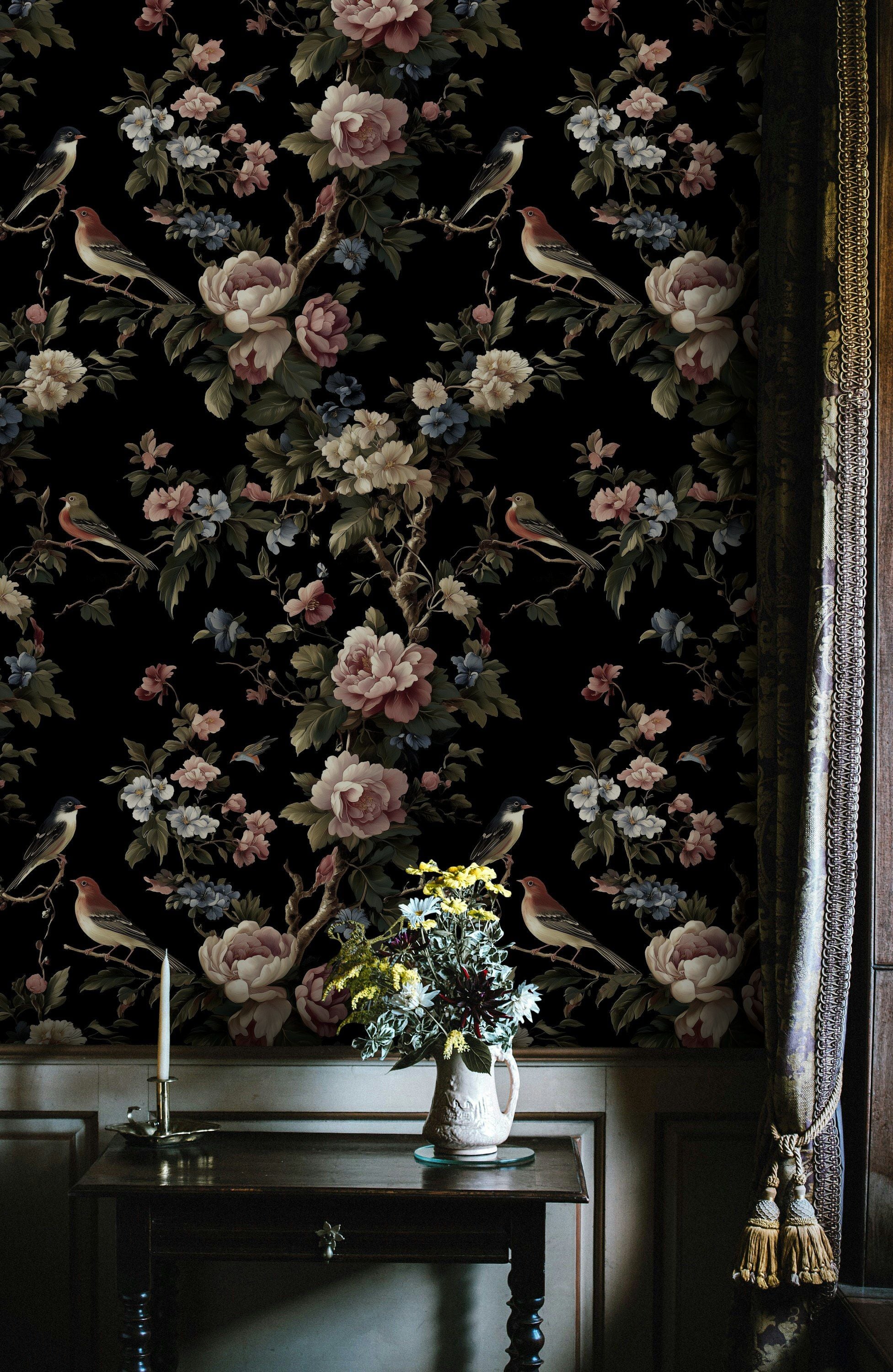 Dark Floral and Bird Motif Wallpaper