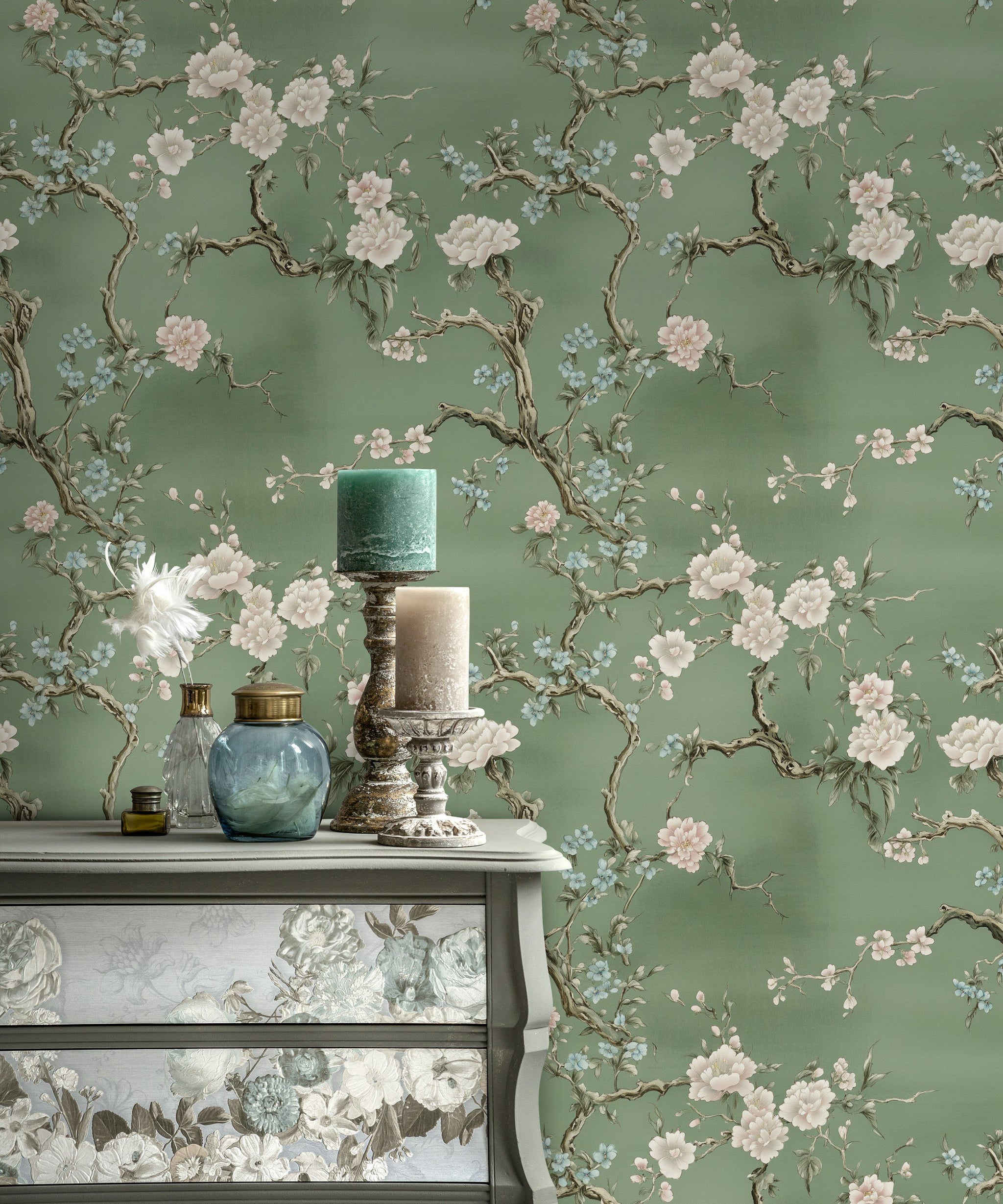 Sage Green Cherry Blossom Floral Wallpaper