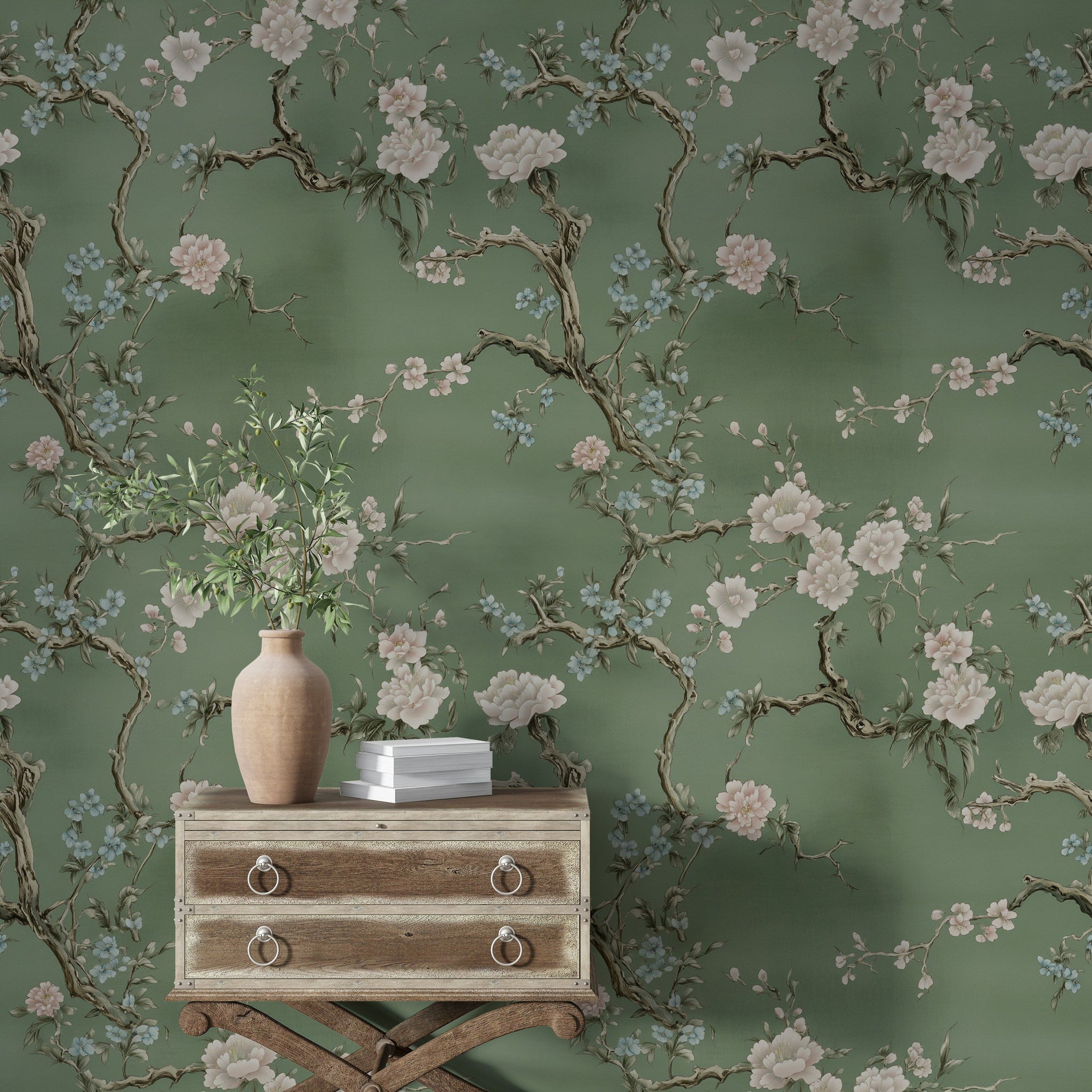 Sage Green Cherry Blossom Floral Wallpaper