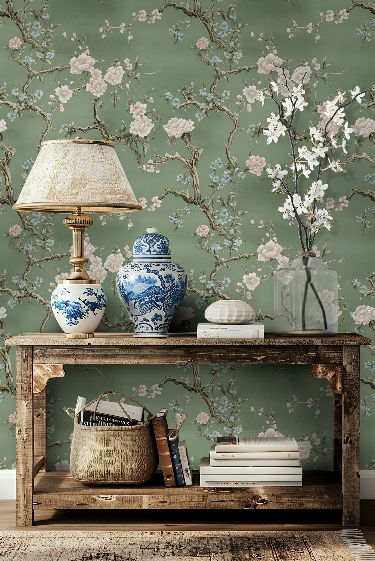 Sage Green Cherry Blossom Floral Wallpaper