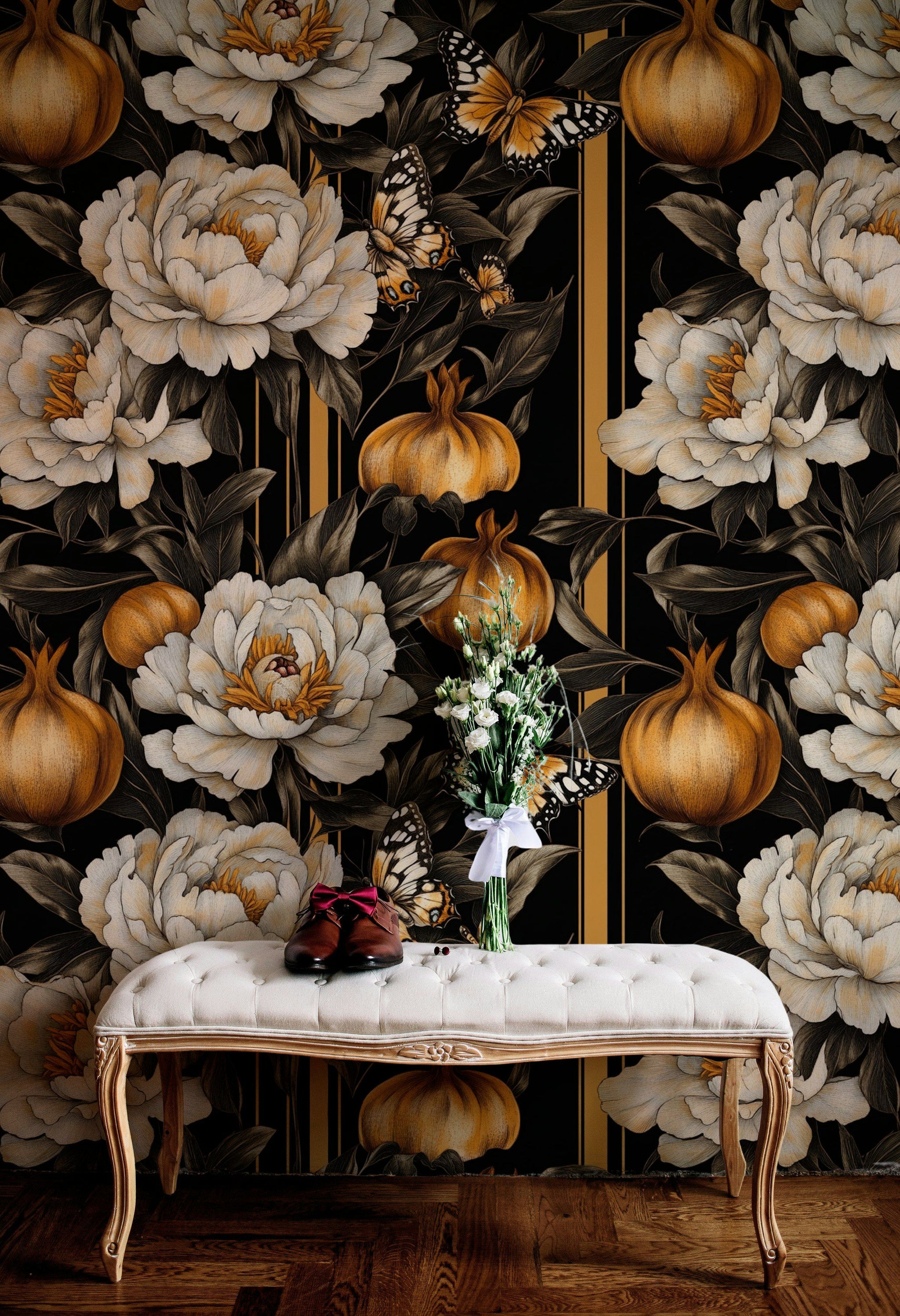 Black and Gold Look Peony Butterfly Floral Wallpaper