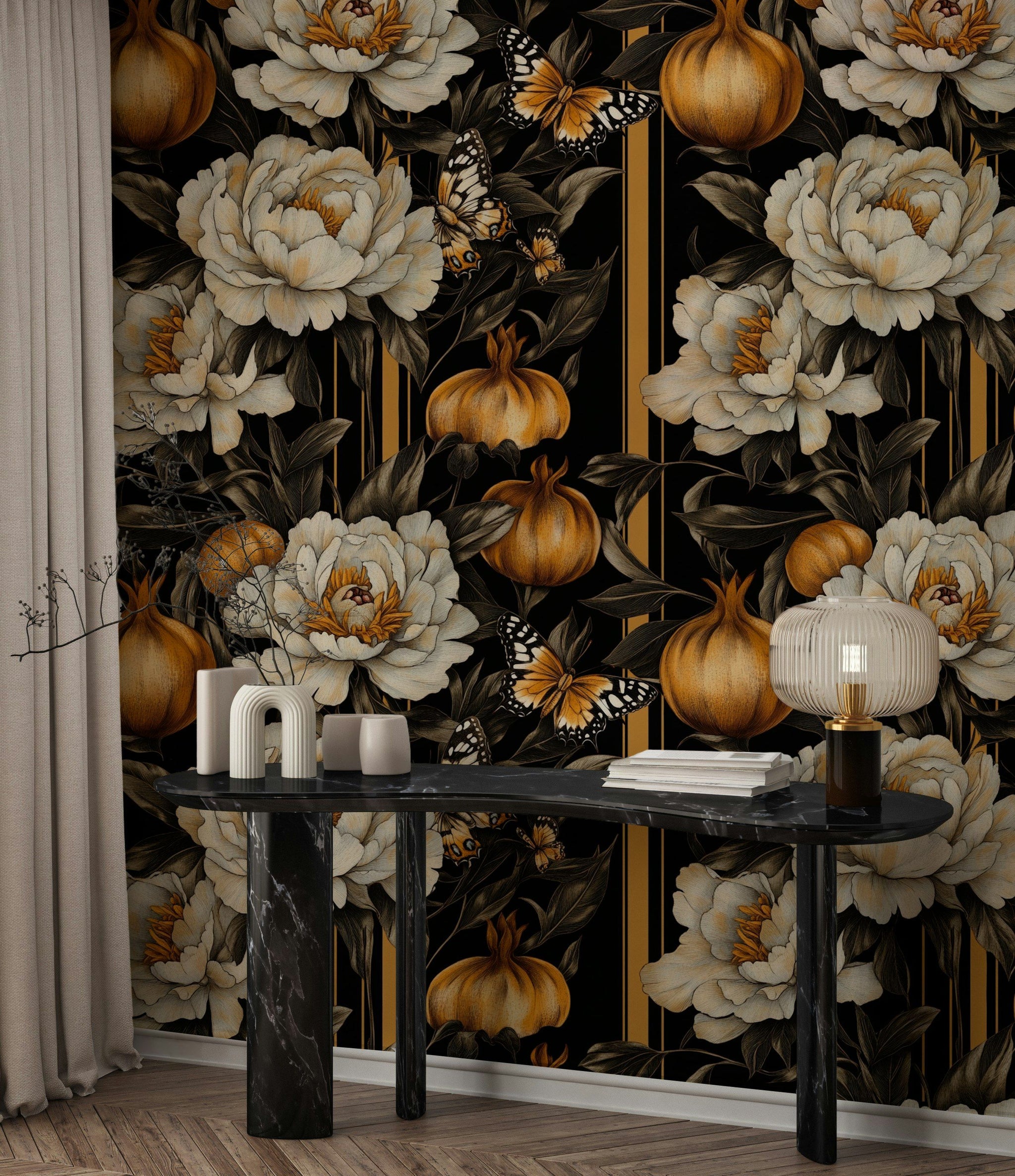 Black and Gold Look Peony Butterfly Floral Wallpaper