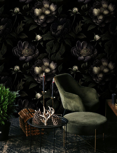 Charcoal Black Large Peony Floral Wallpaper