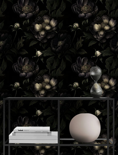Charcoal Black Large Peony Floral Wallpaper - 2