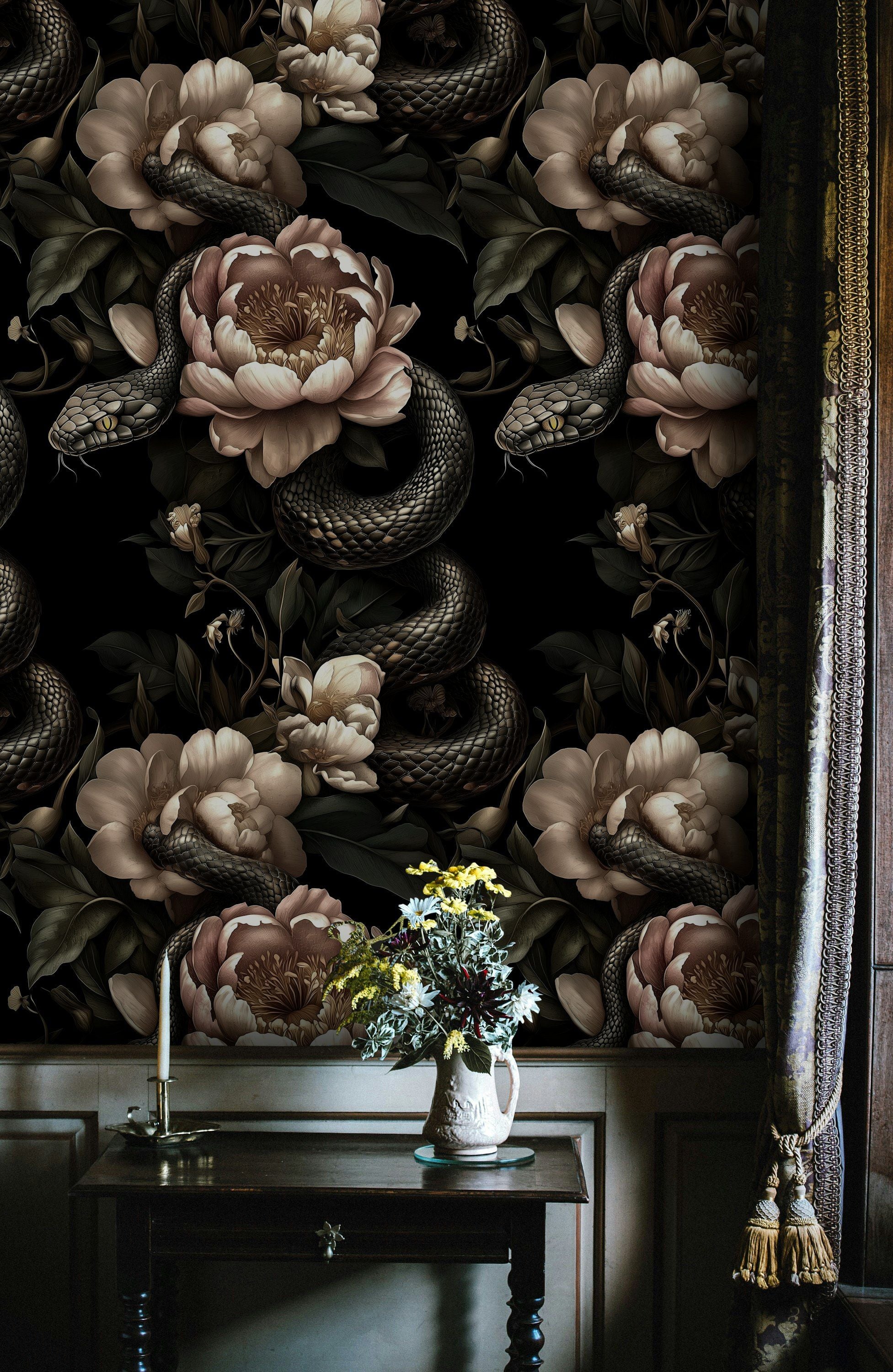 Dark Elegance Peony and Snake Pattern Wallpaper