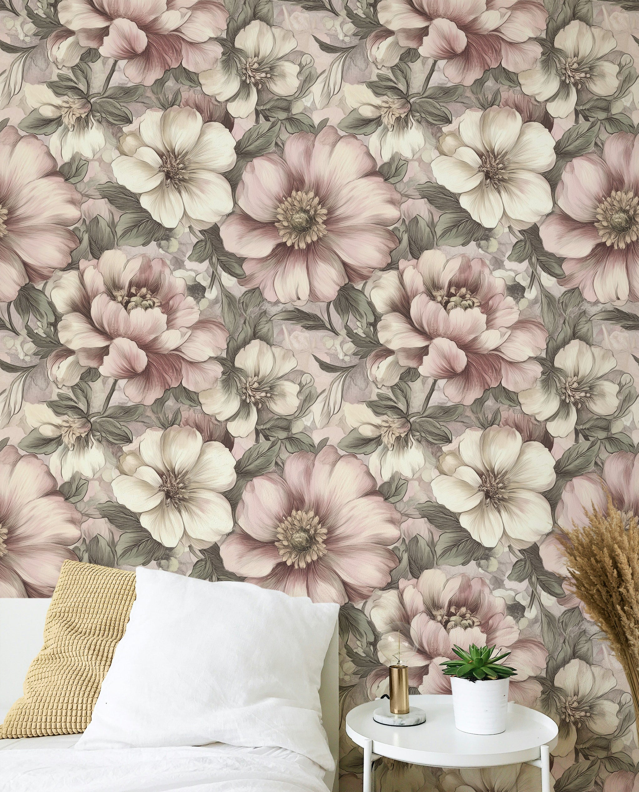 Cream and Blush Pink Large Floral Wallpaper