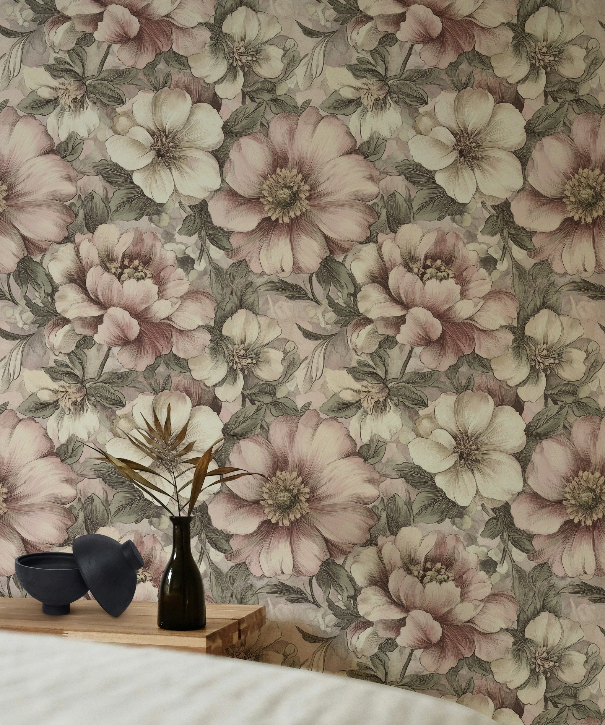 Cream and Blush Pink Large Floral Wallpaper