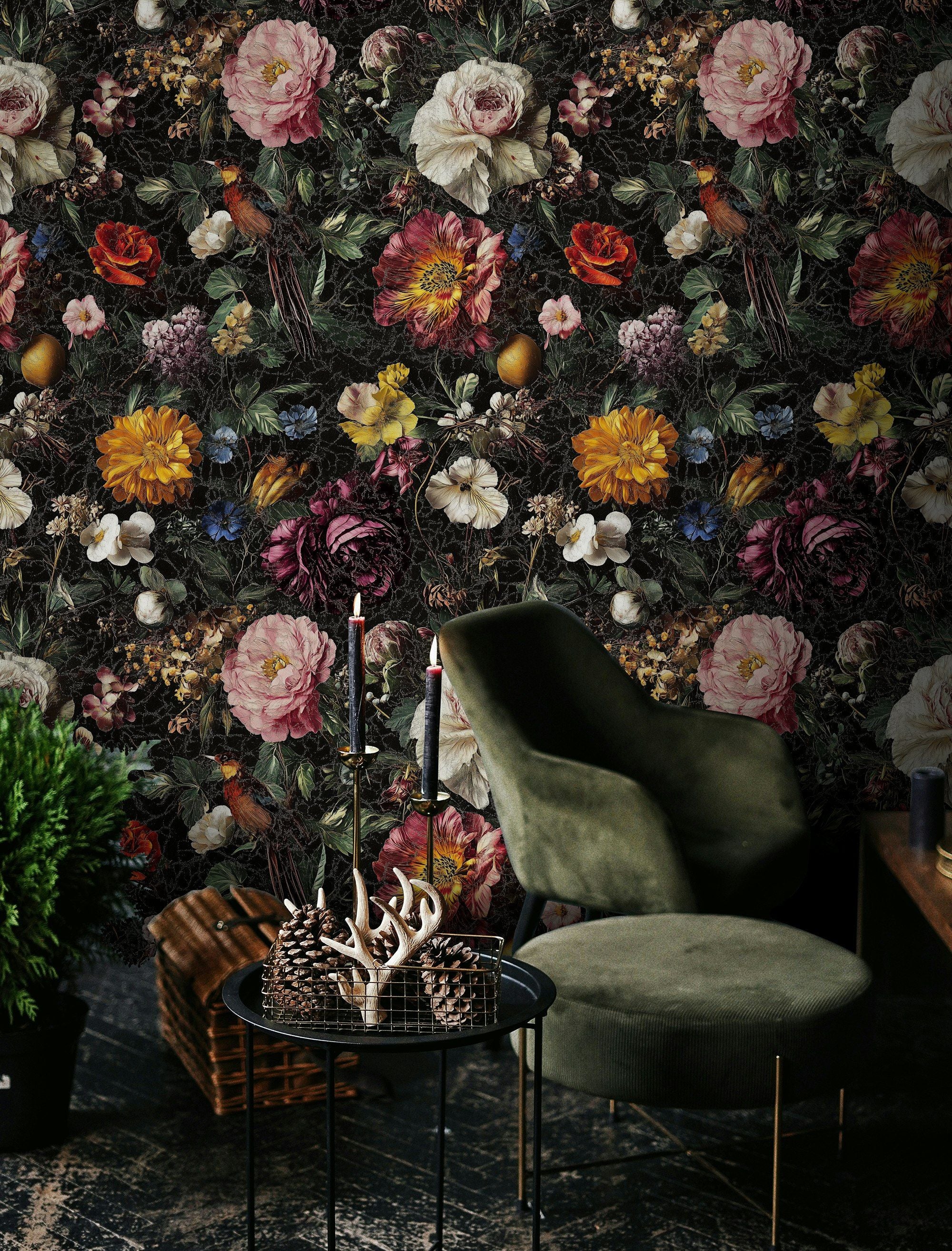 Bold Multicolor Floral and Bird Pattern Wallpaper
