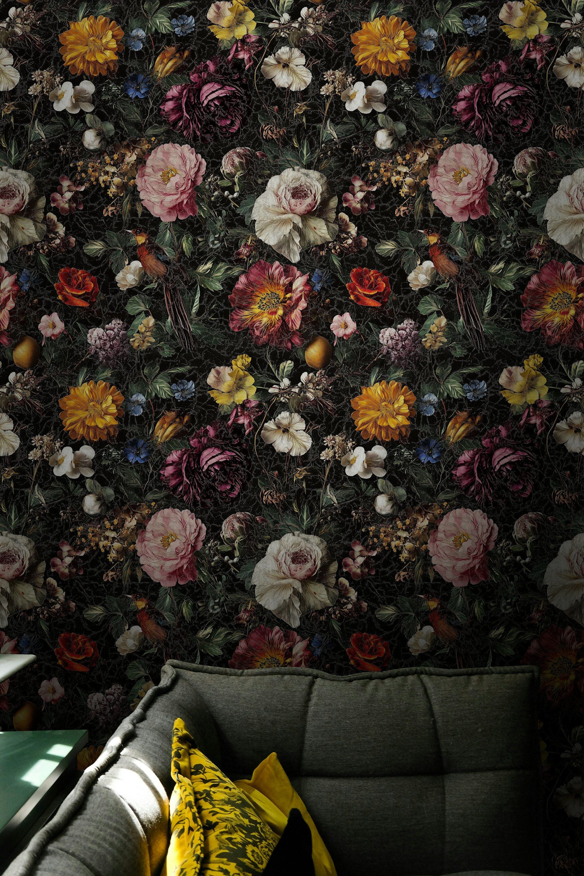 Bold Multicolor Floral and Bird Pattern Wallpaper
