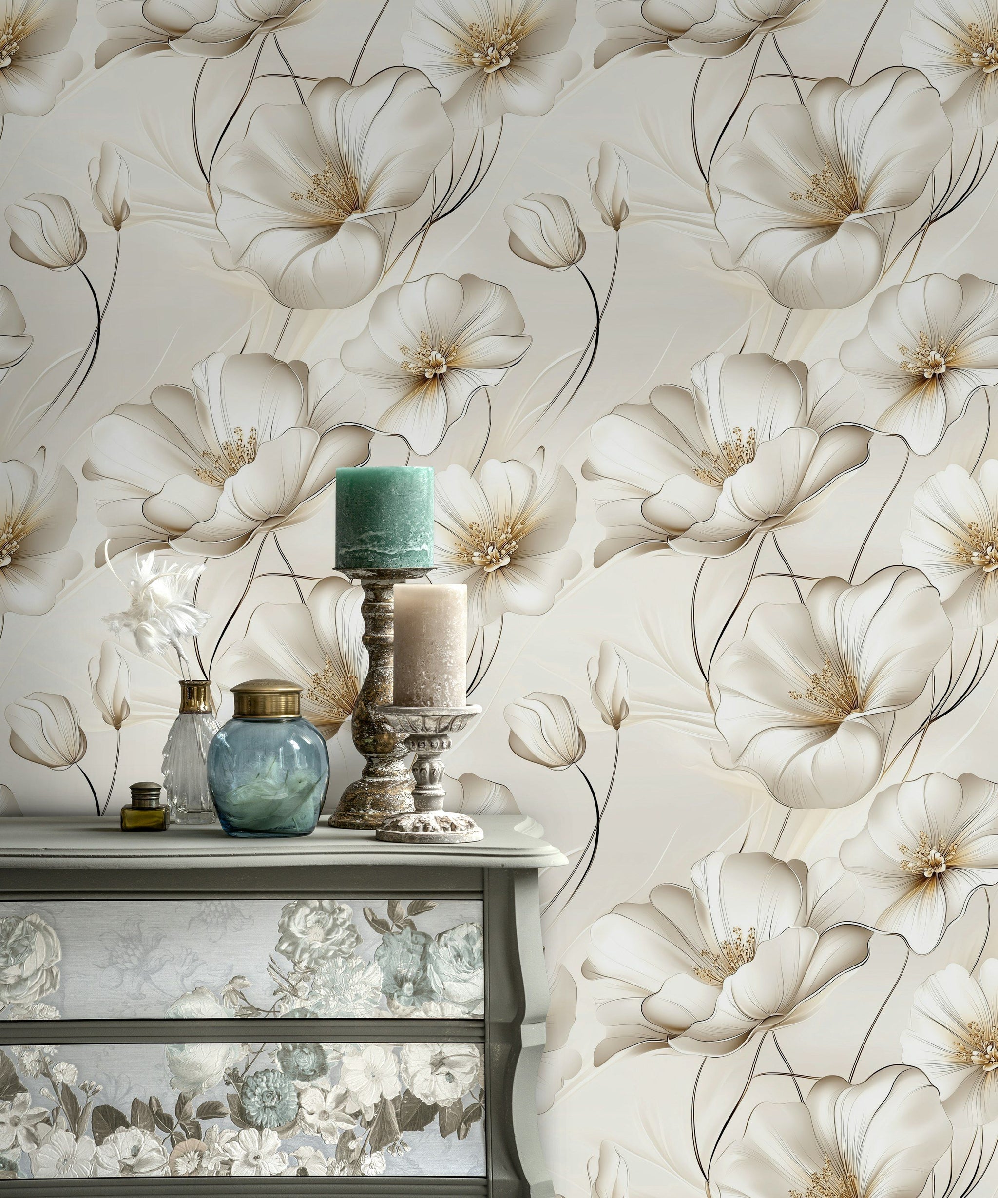 Elegant Cream Large Floral Blossom Wallpaper