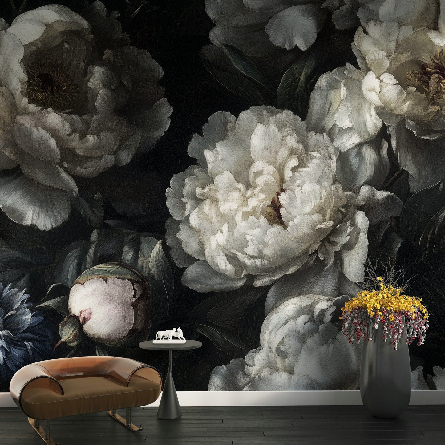 White Peony Wallpaper Dark Floral Botanical Wall Mural