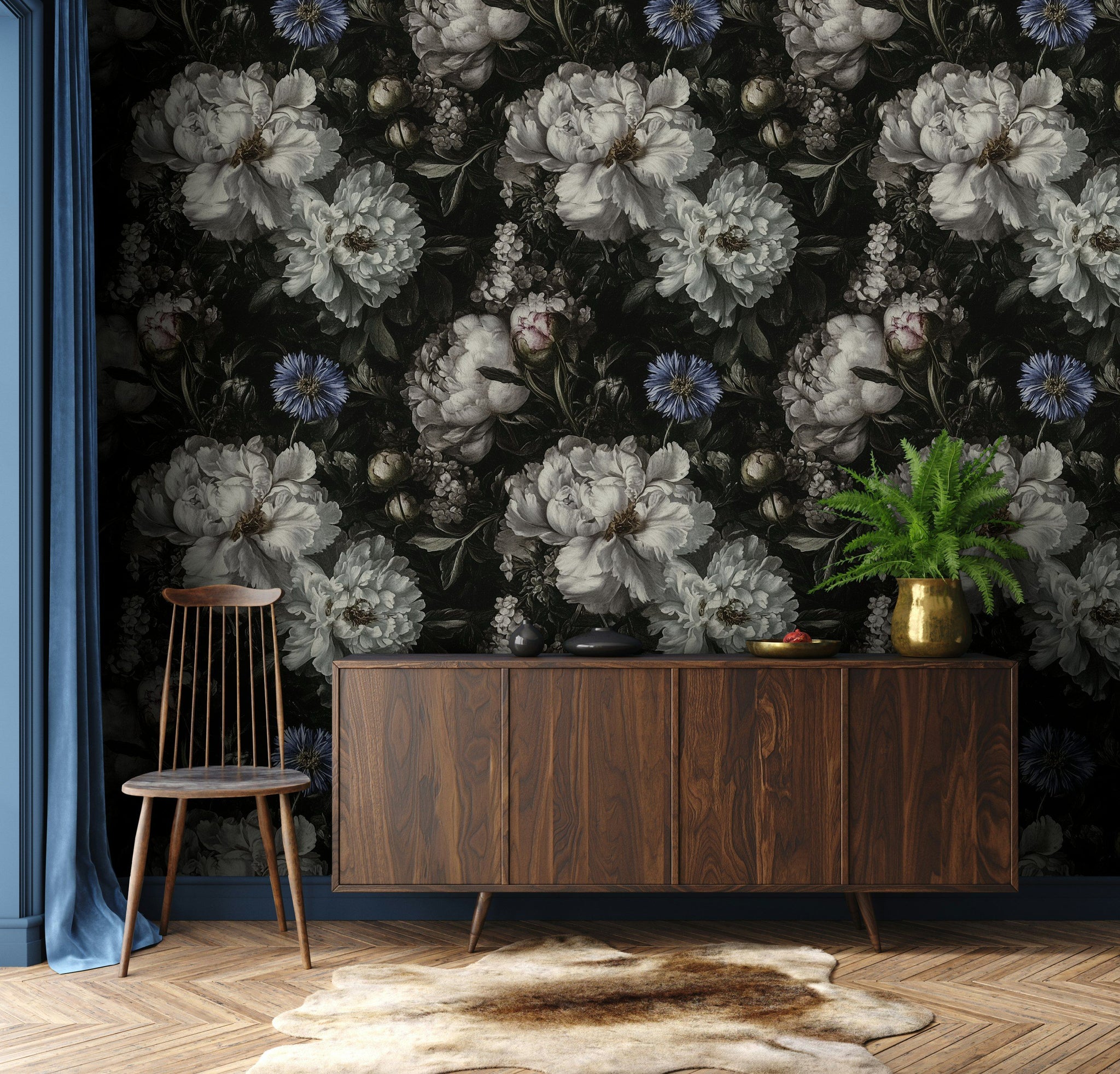 Dark Vintage Black and White Floral Wallpaper