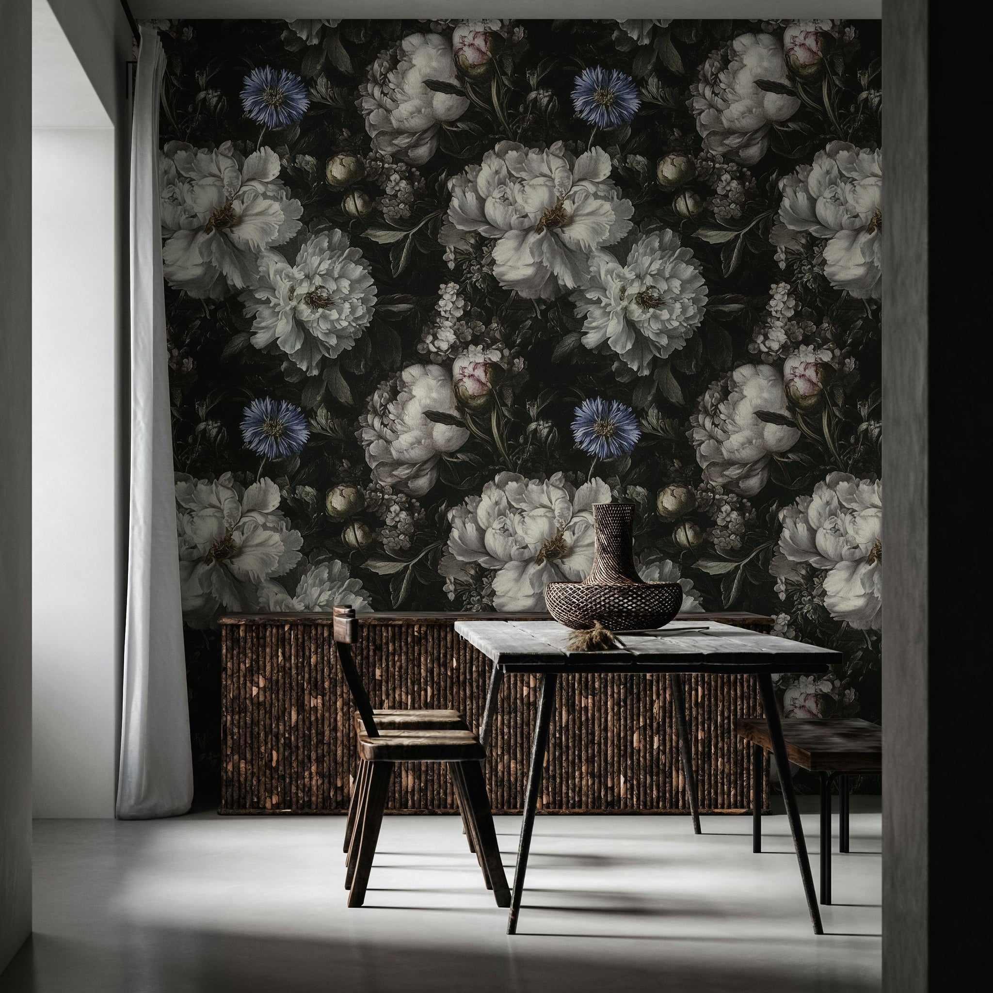 Dark Vintage Black and White Floral Wallpaper