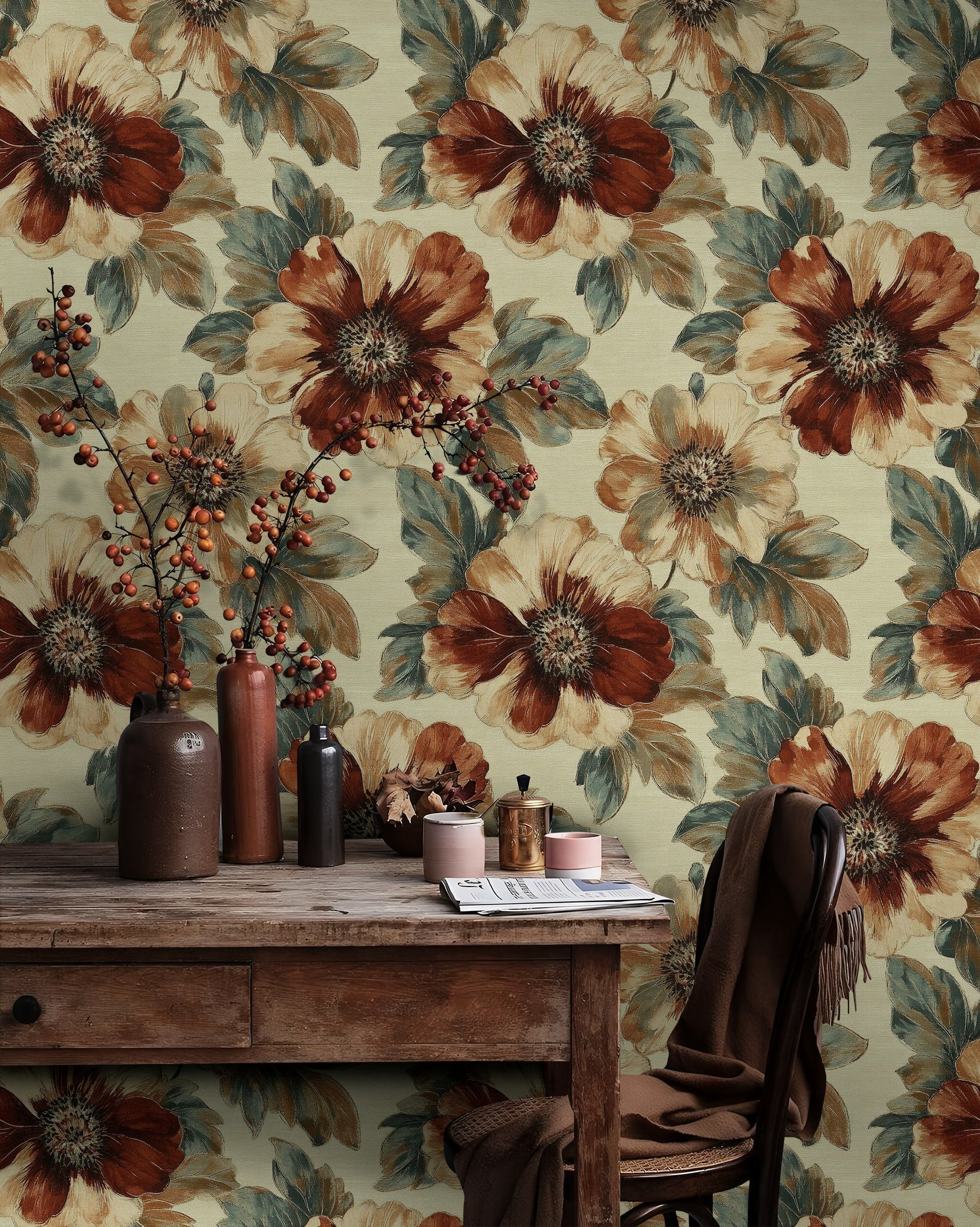 Warm Beige and Brown Large Floral Wallpaper