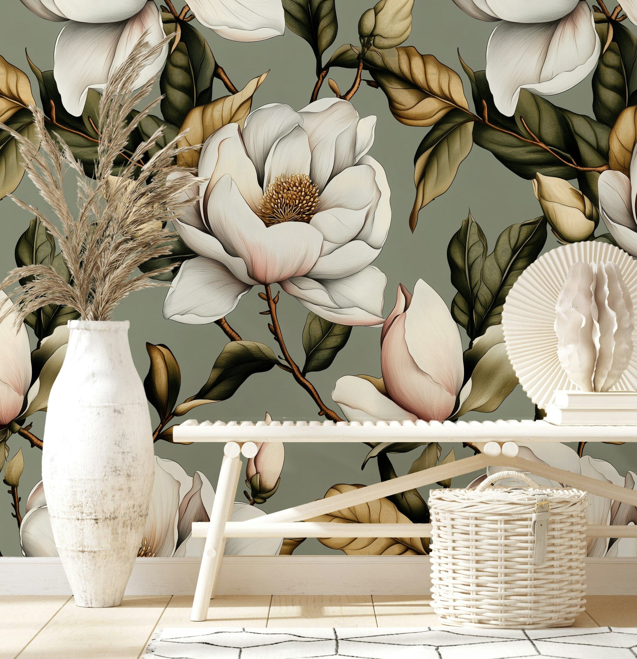 Neutral Green and White Magnolia Floral Wallpaper