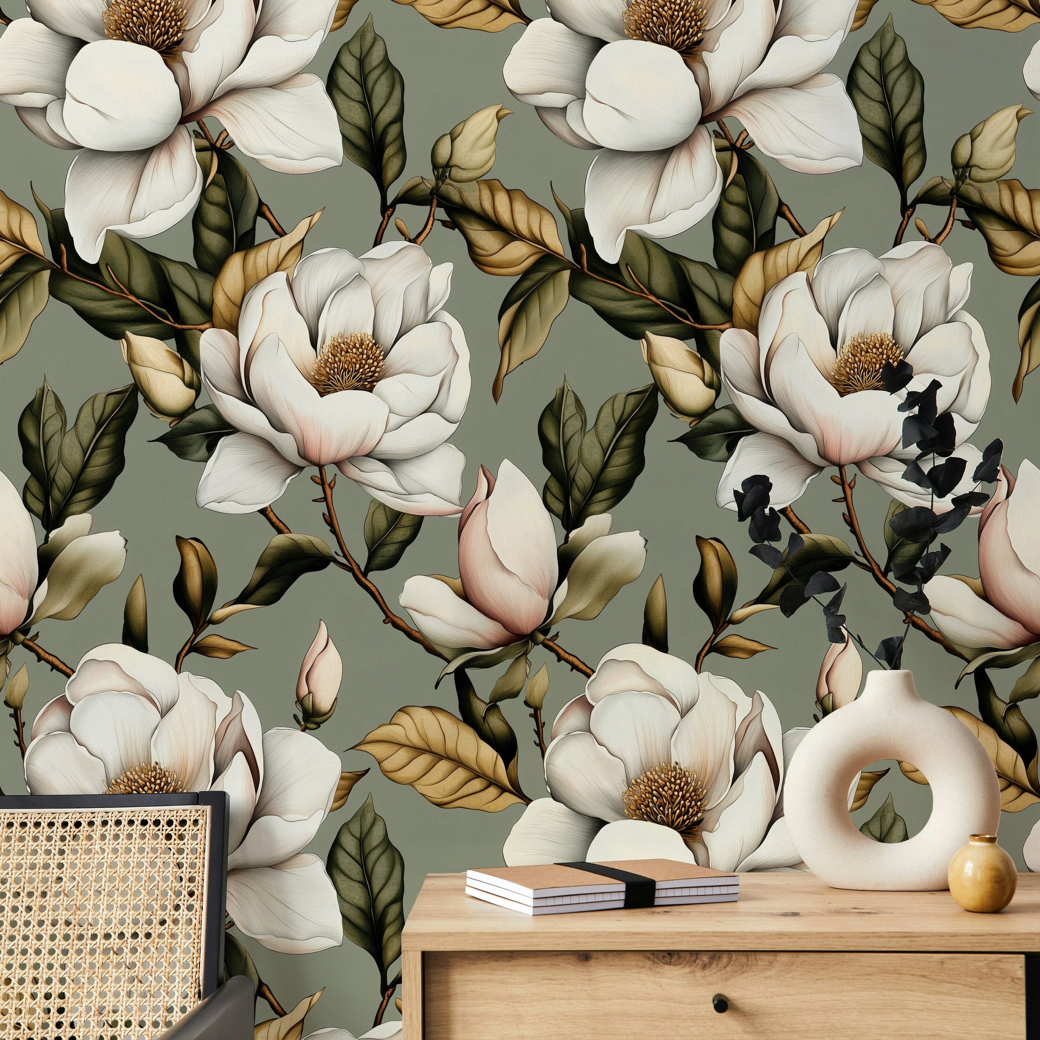 Neutral Green and White Magnolia Floral Wallpaper