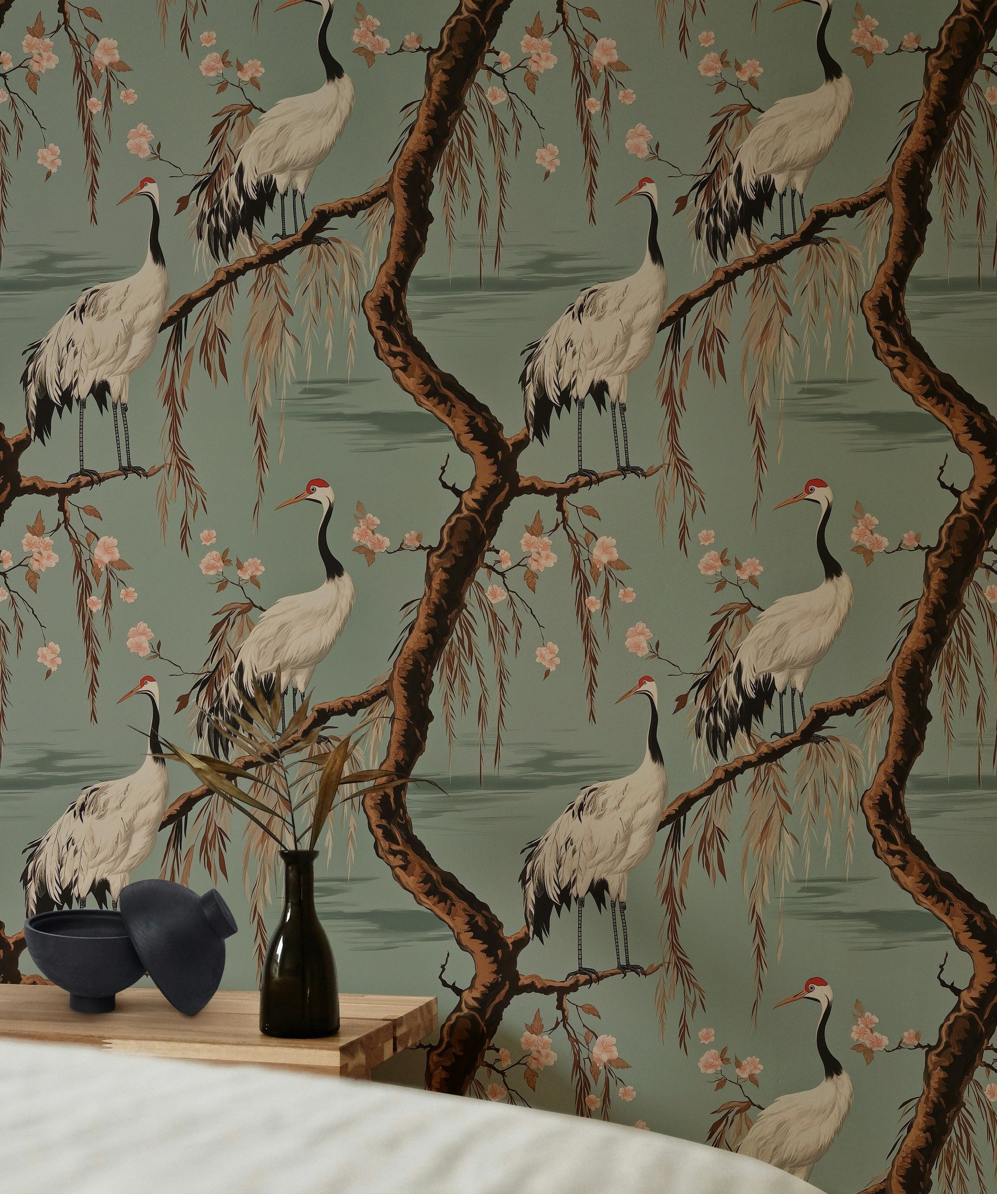 Sage Green Chinoiserie Crane and Cherry Blossom Wallpaper