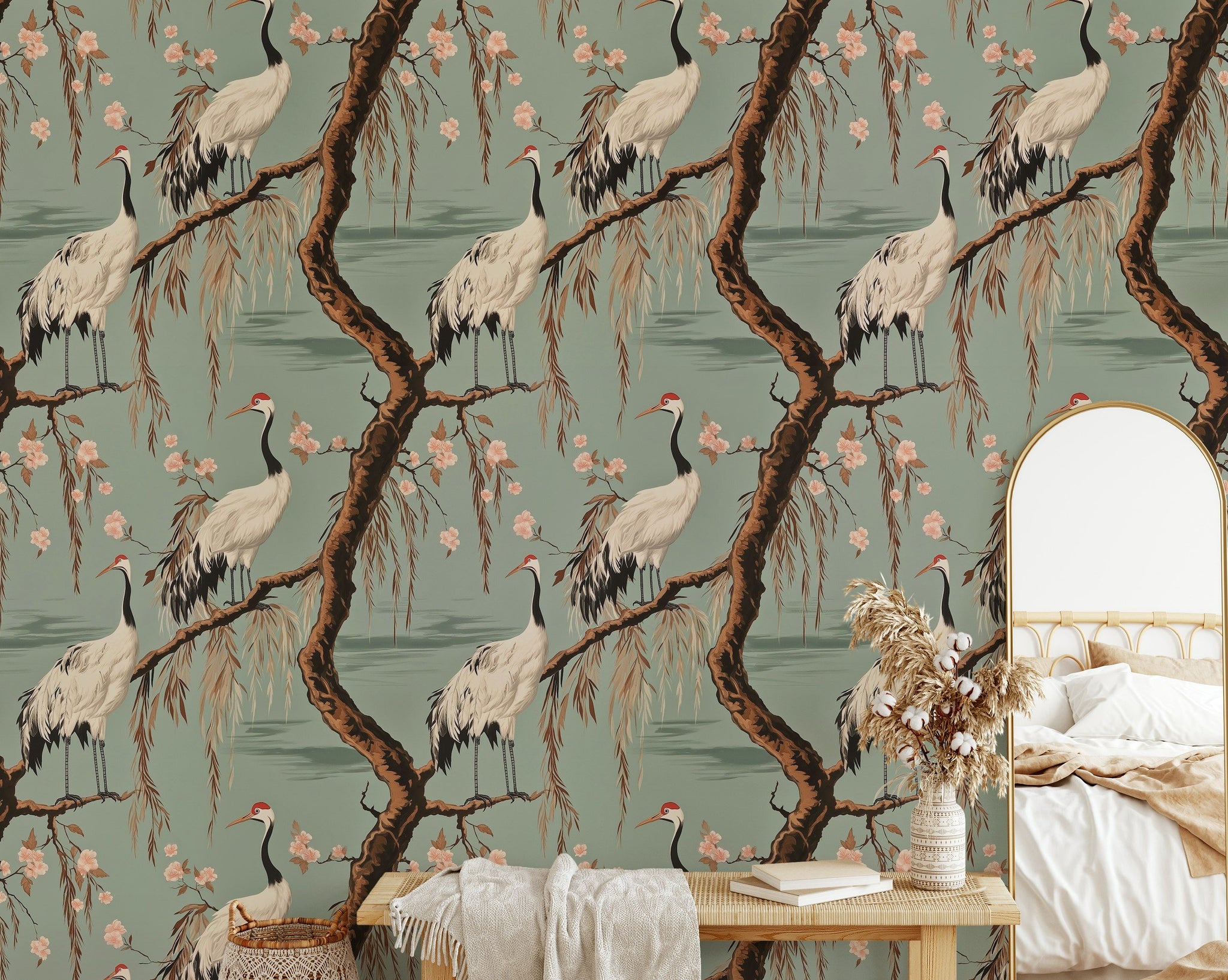 Sage Green Chinoiserie Crane and Cherry Blossom Wallpaper