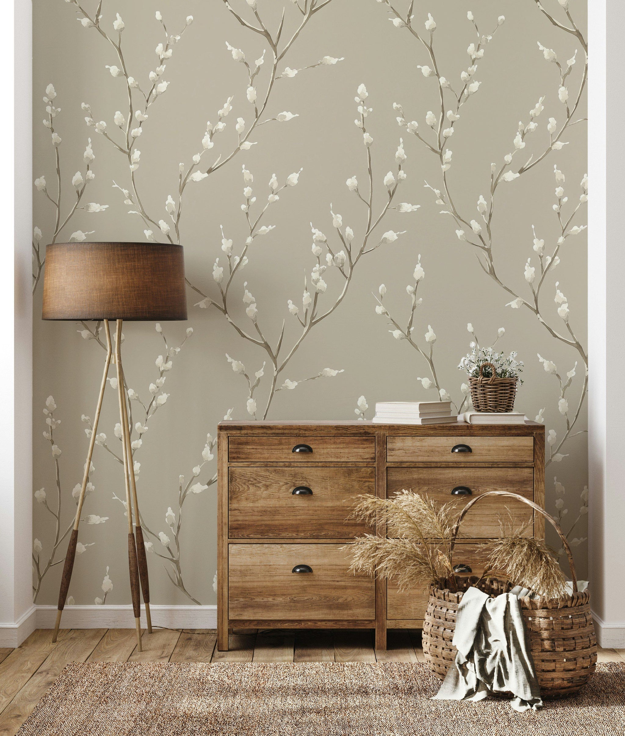 Beige and White Cherry Blossom Floral Wallpaper
