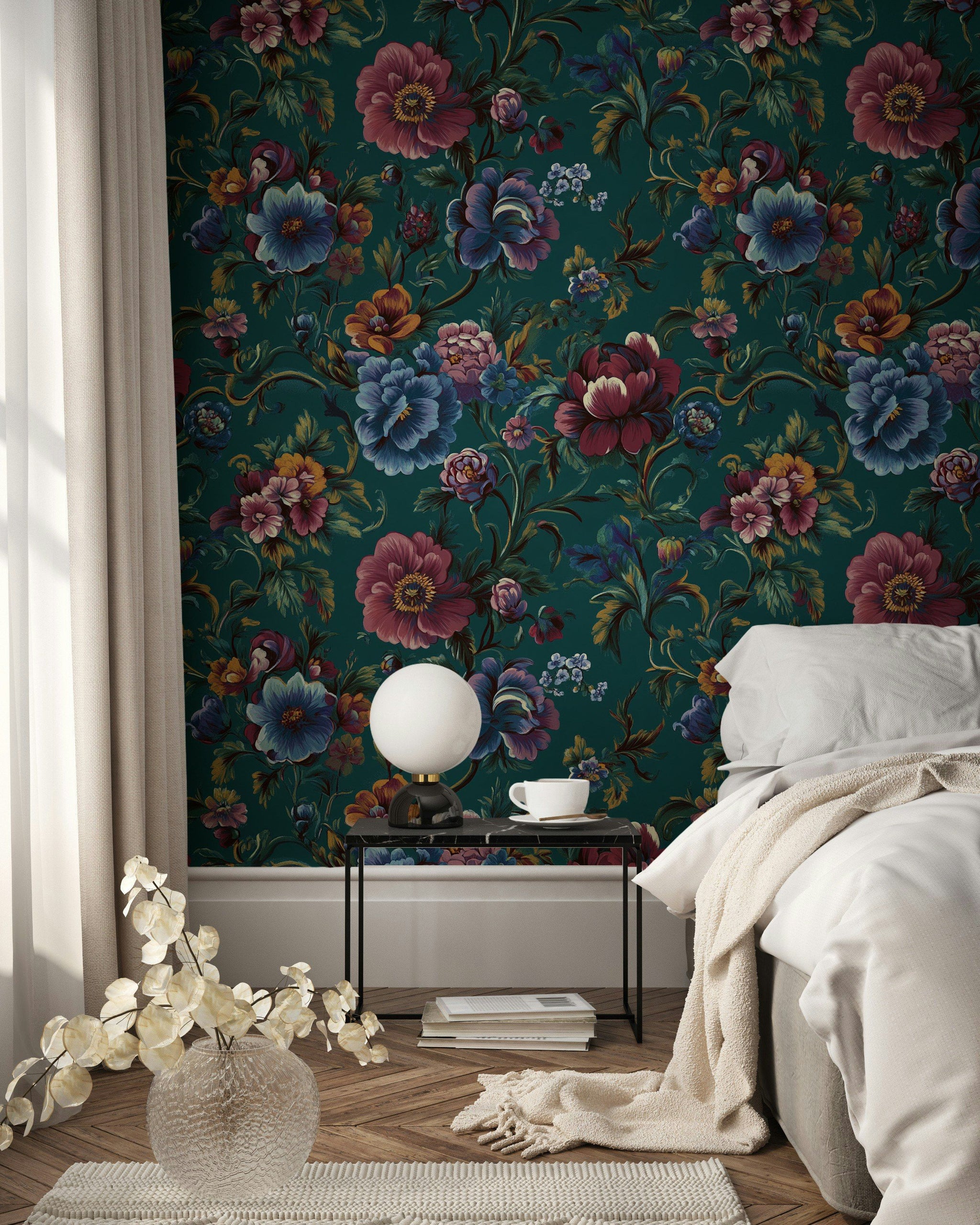 Dark Teal Multicolor Floral Pattern Wallpaper