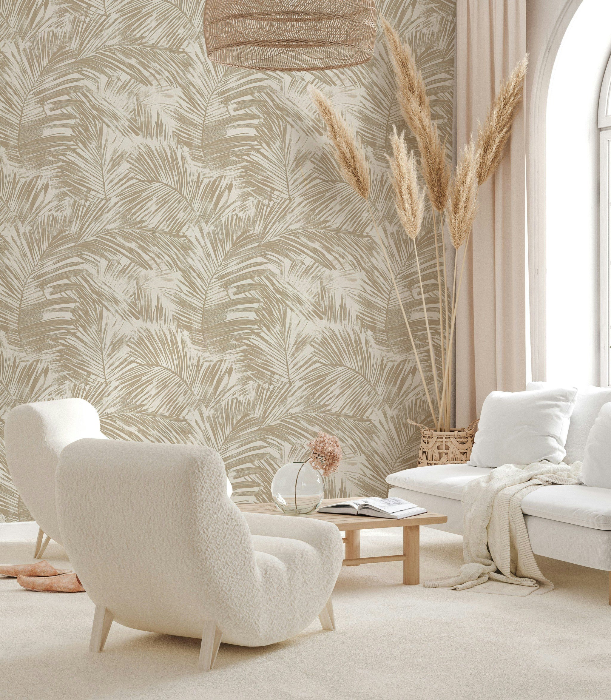 Beige and Cream Palm Leaf Botanical Wallpaper