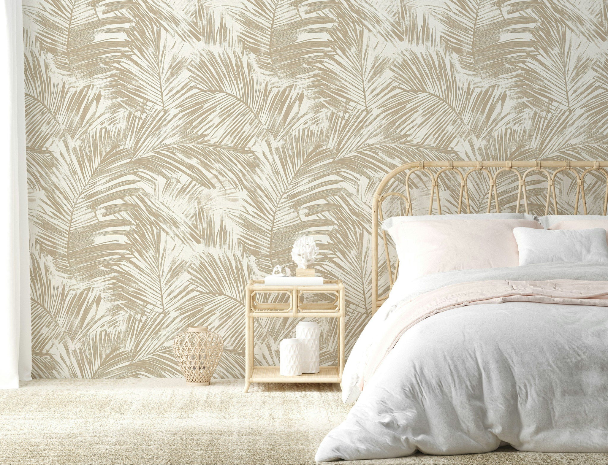 Beige and Cream Palm Leaf Botanical Wallpaper