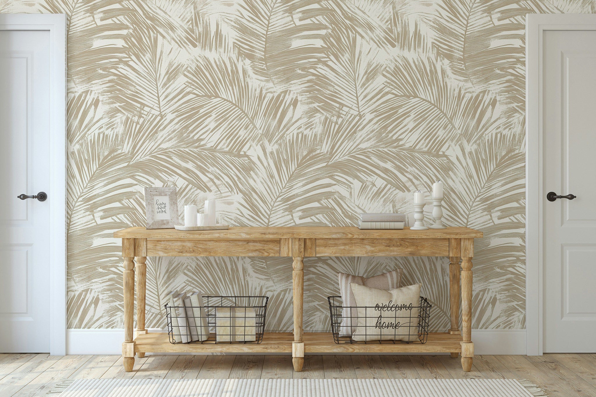 Beige and Cream Palm Leaf Botanical Wallpaper