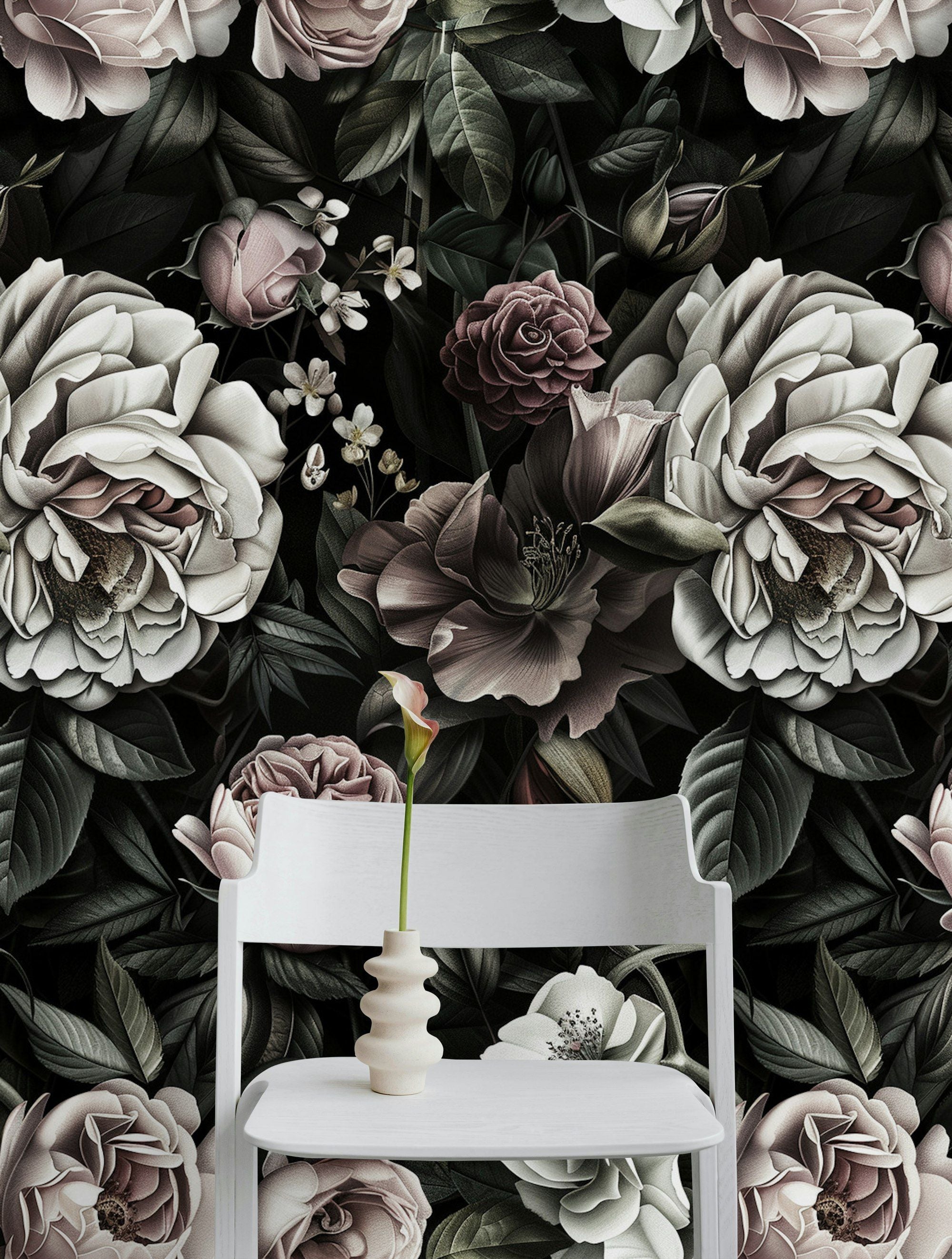 Dark Charcoal Elegance Rose Floral Wallpaper