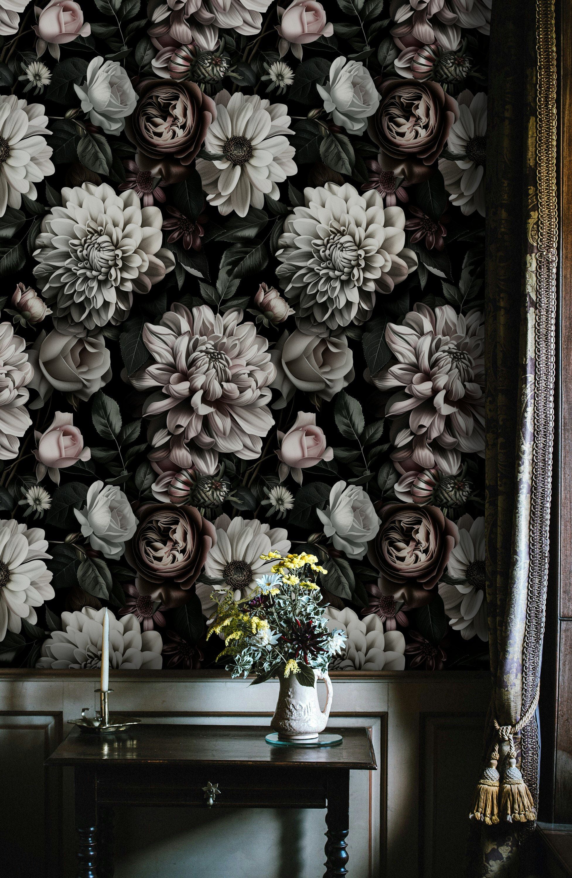 Dark Elegance Cream Rose Floral Wallpaper