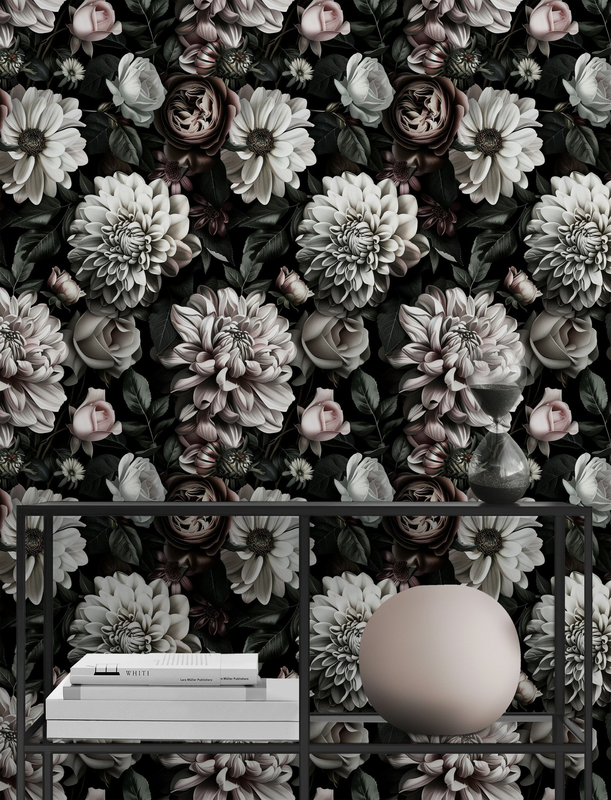 Dark Elegance Cream Rose Floral Wallpaper